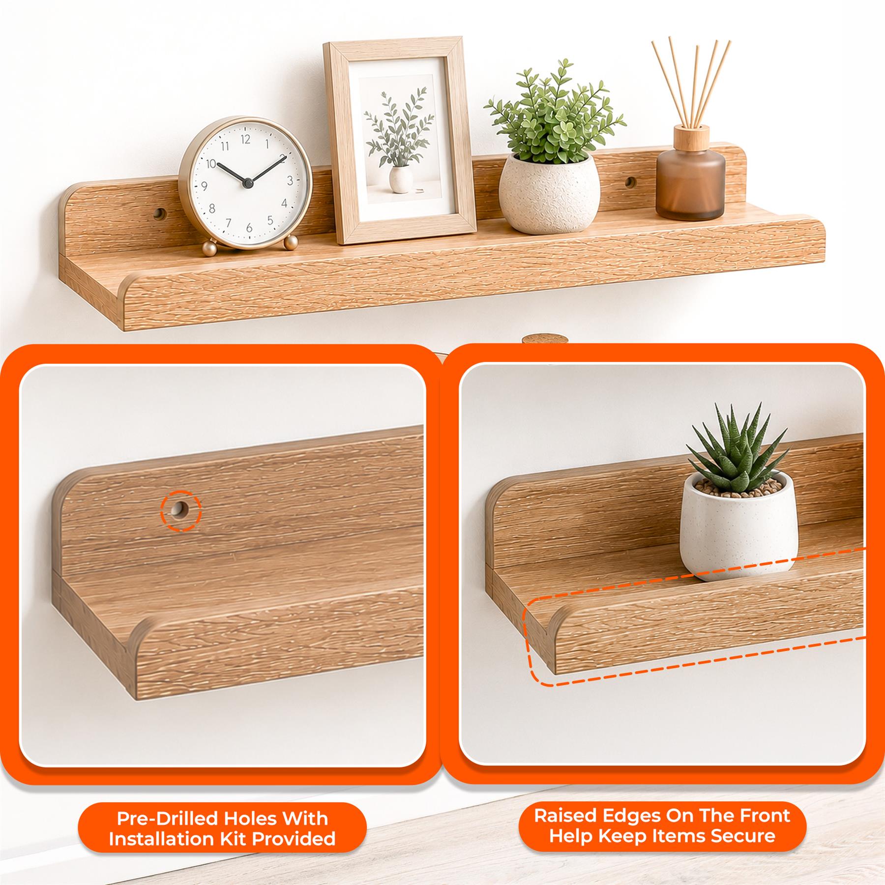 U Shaped Floating Wall Shelf Set of 2 60cm Oak White Walnut - Produktbild 3