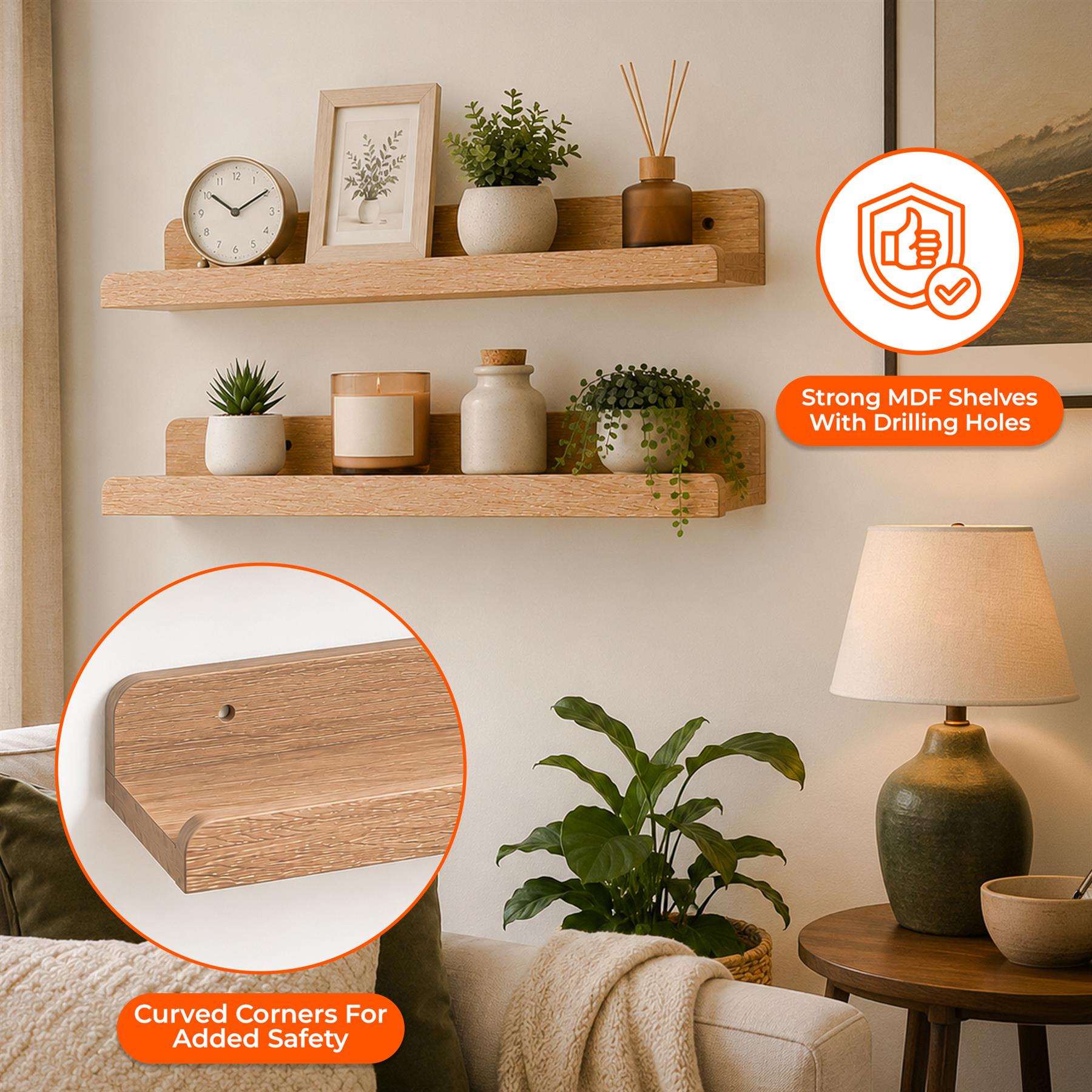 U Shaped Floating Wall Shelf Set of 2 60cm Oak White Walnut - Produktbild 1