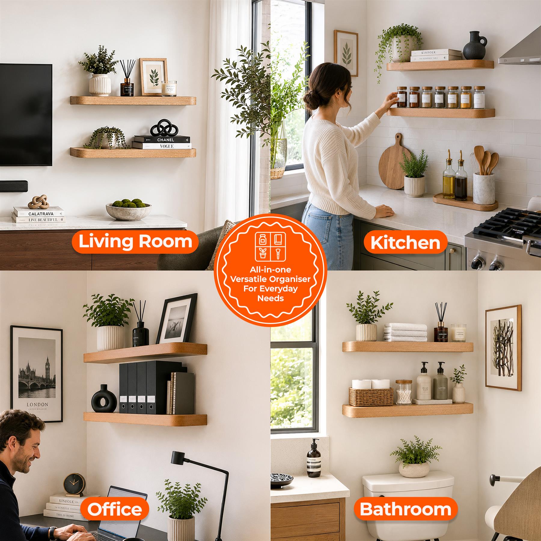 Curved Floating Shelf Set of 2 60cm Matt White Oak Walnut - Produktbild 2