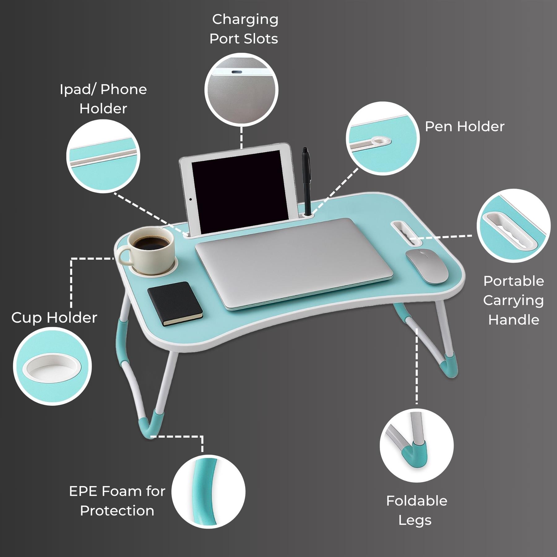 Faltbarer Laptoptisch Tragbar Bett Sofa Schoß Tablett Ladefach und Getränkehalter - Bild 14 von 42