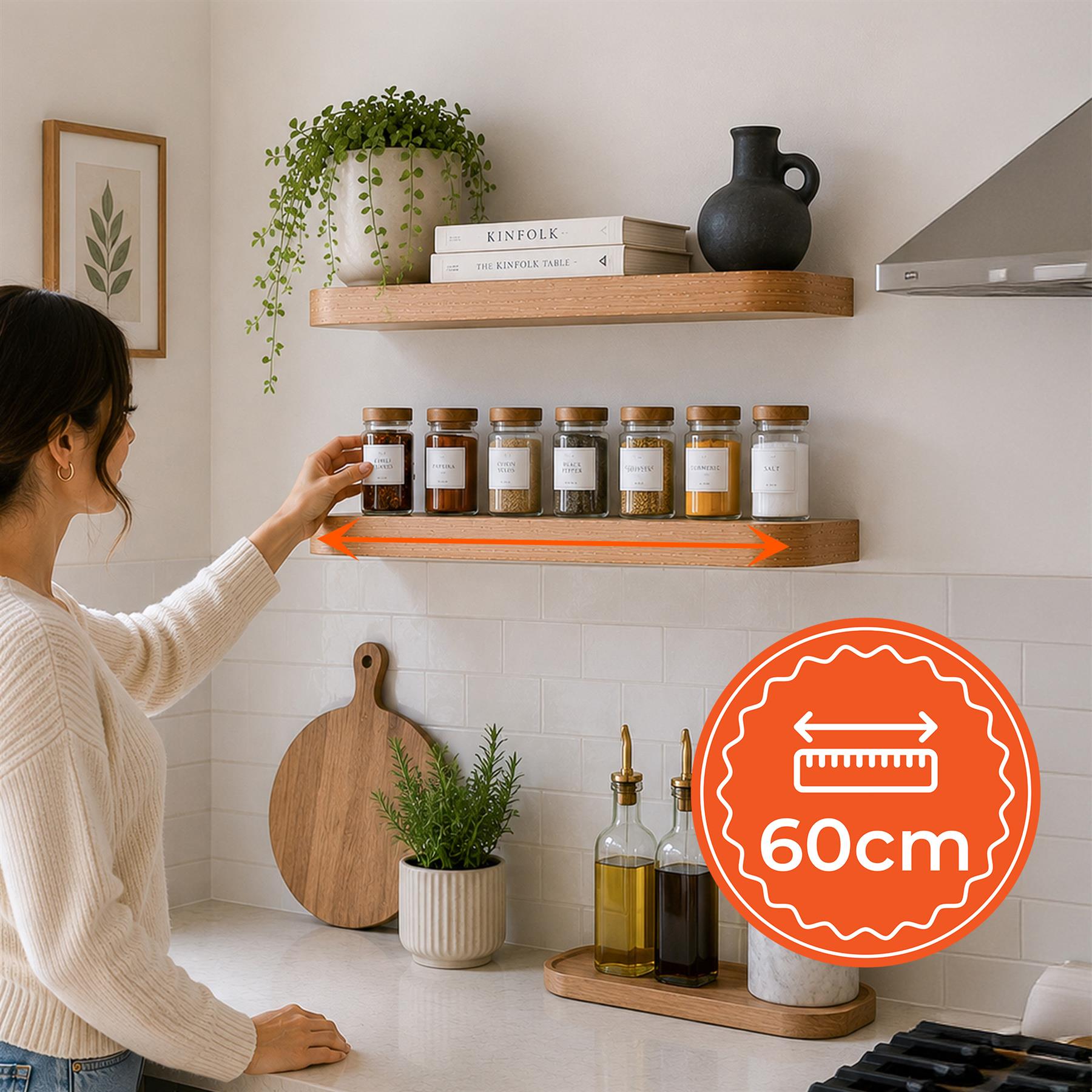 Curved Floating Shelf Set of 2 60cm Matt White Oak Walnut - Produktbild 5
