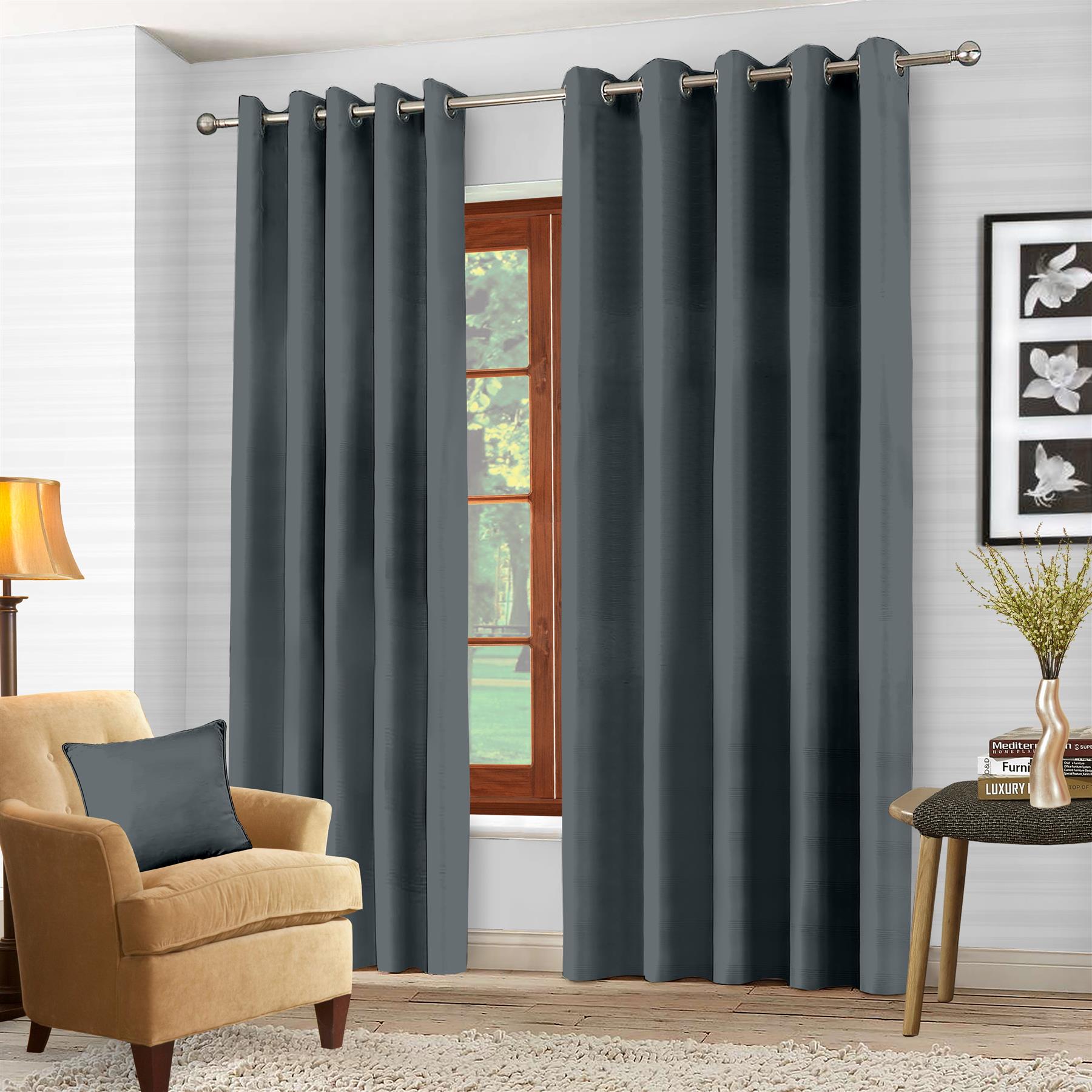 Luxury Thermal Blackout Eyelet Ring Top Curtains Pair With Tie