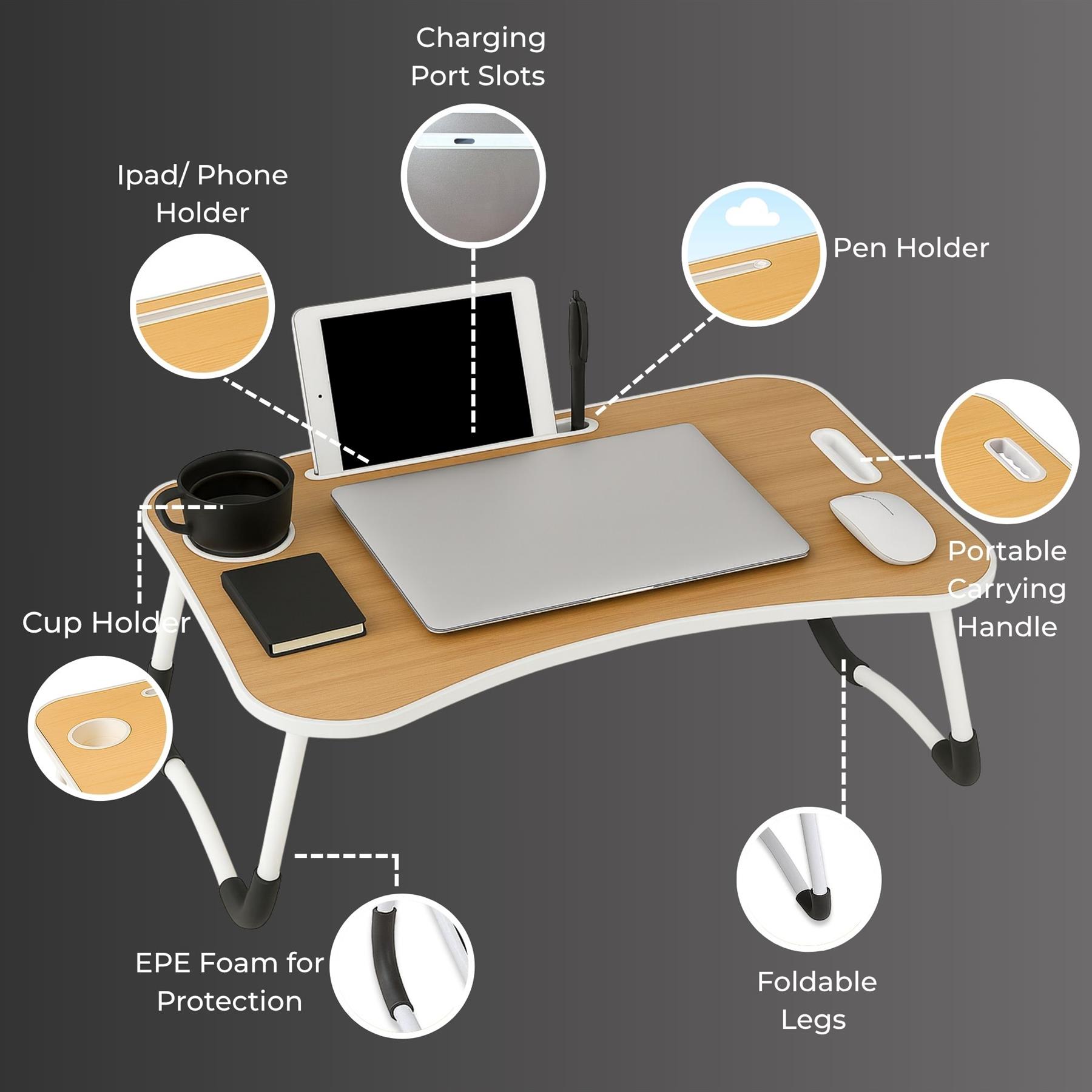 Faltbarer Laptoptisch Tragbar Bett Sofa Schoß Tablett Ladefach und Getränkehalter - Bild 38 von 42