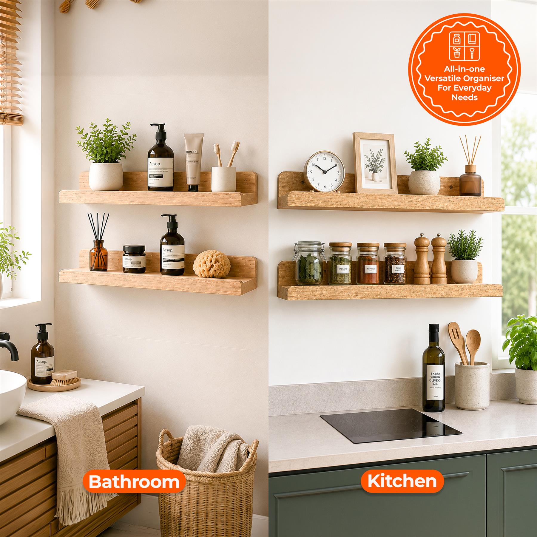 U Shaped Floating Wall Shelf Set of 2 60cm Oak White Walnut - Produktbild 2