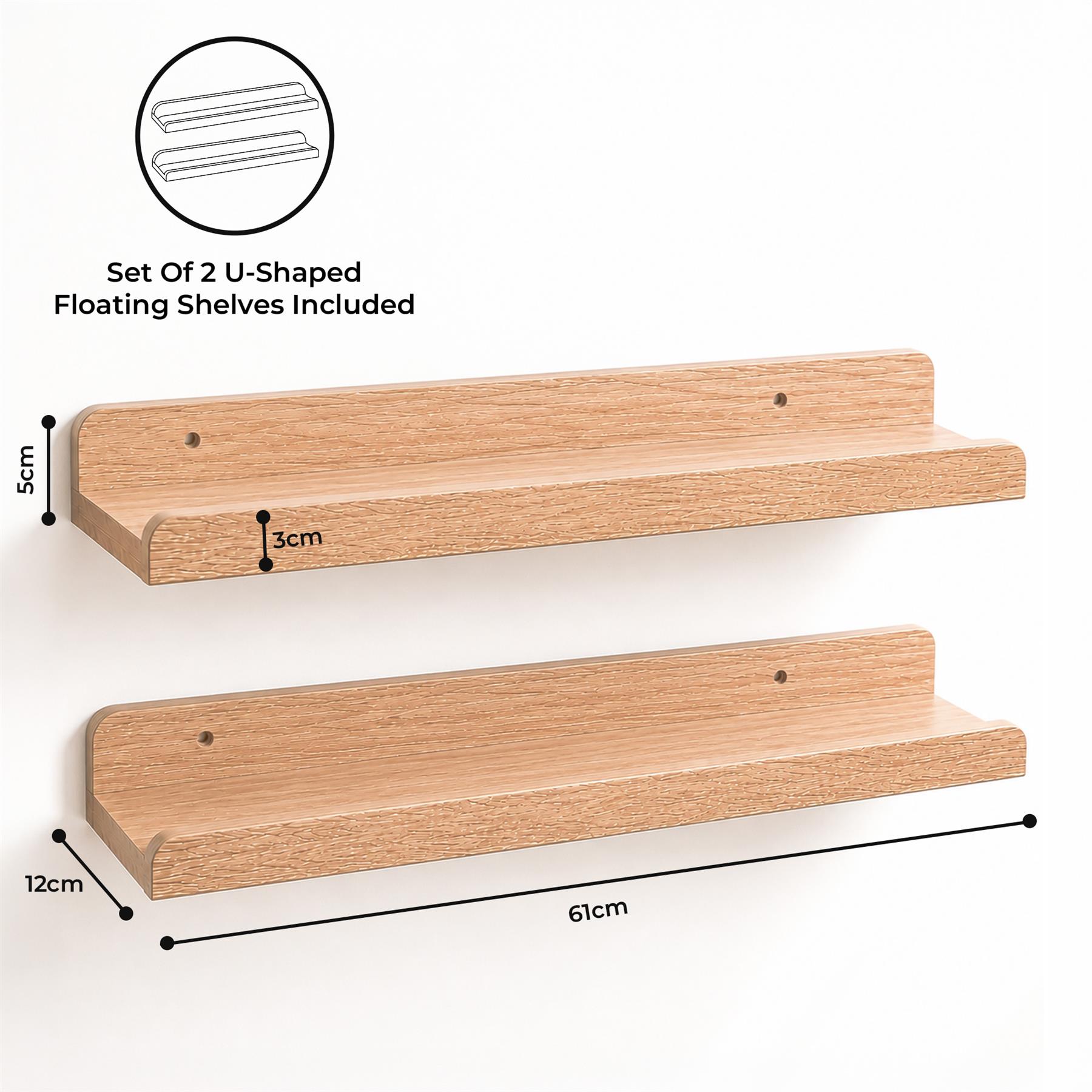 U Shaped Floating Wall Shelf Set of 2 60cm Oak White Walnut - Produktbild 5