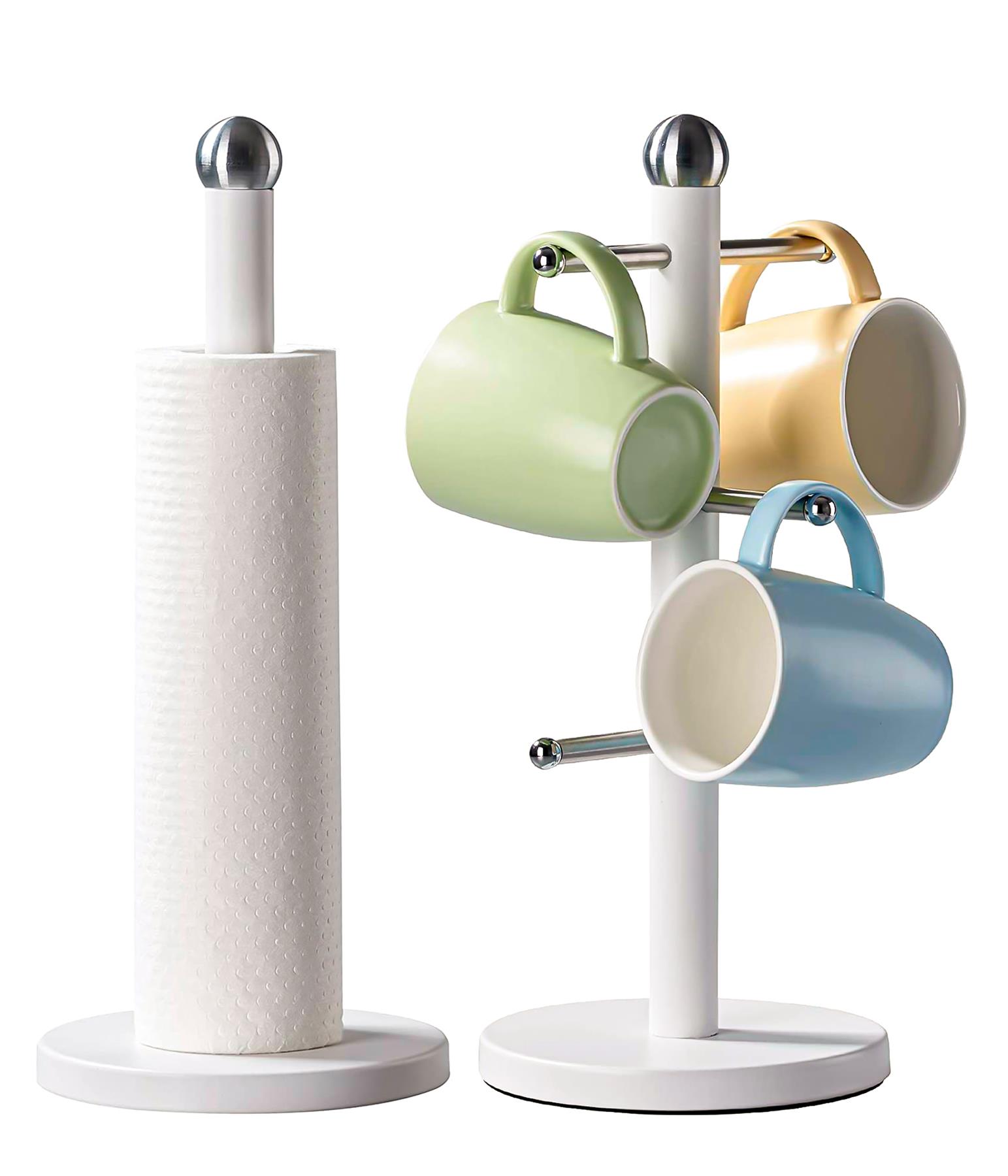 Kitchen Roll Holder & 6 Mug Tree Stand Stainless Steel Rack Set - Picture 7 of 9