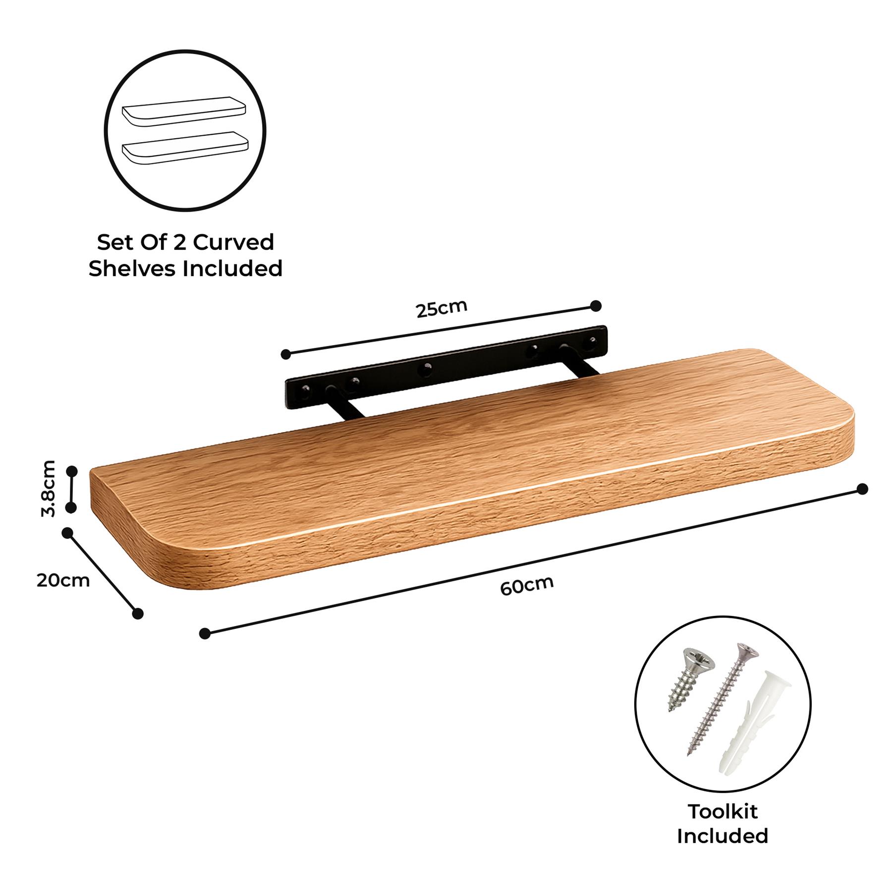 Curved Floating Shelf Set of 2 60cm Matt White Oak Walnut - Produktbild 4