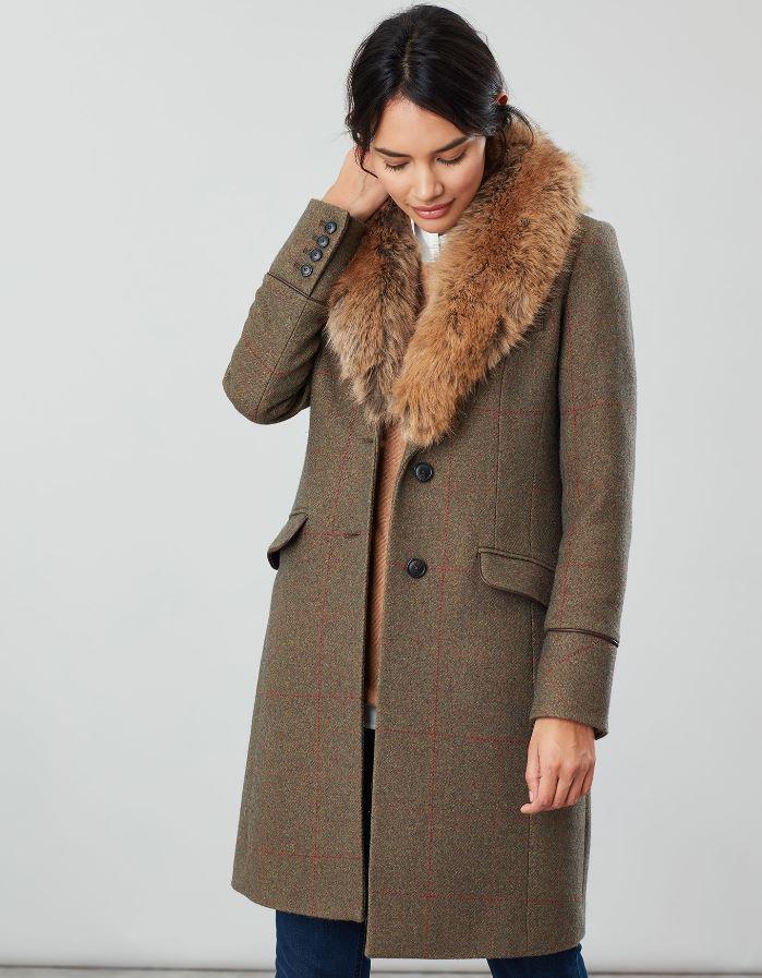 Joules Langley Womens Longline Tweed Coat with Faux Fur Trim AW19 eBay