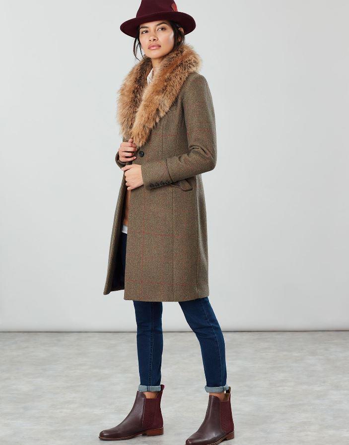 Joules Langley Womens Longline Tweed Coat with Faux Fur Trim AW19 eBay