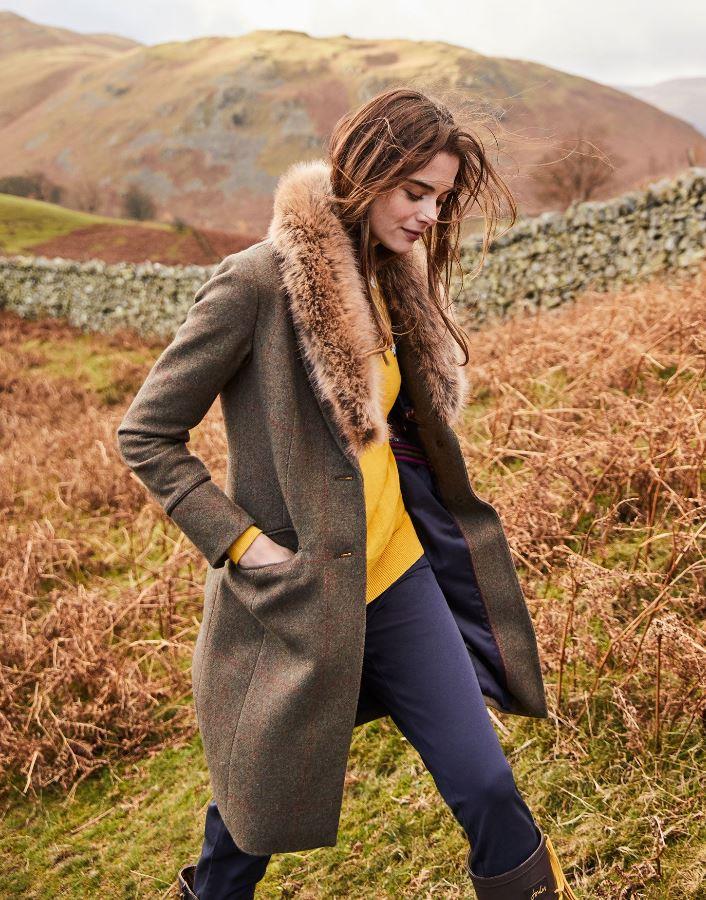 Joules Langley Womens Longline Tweed Coat with Faux Fur Trim AW19 eBay