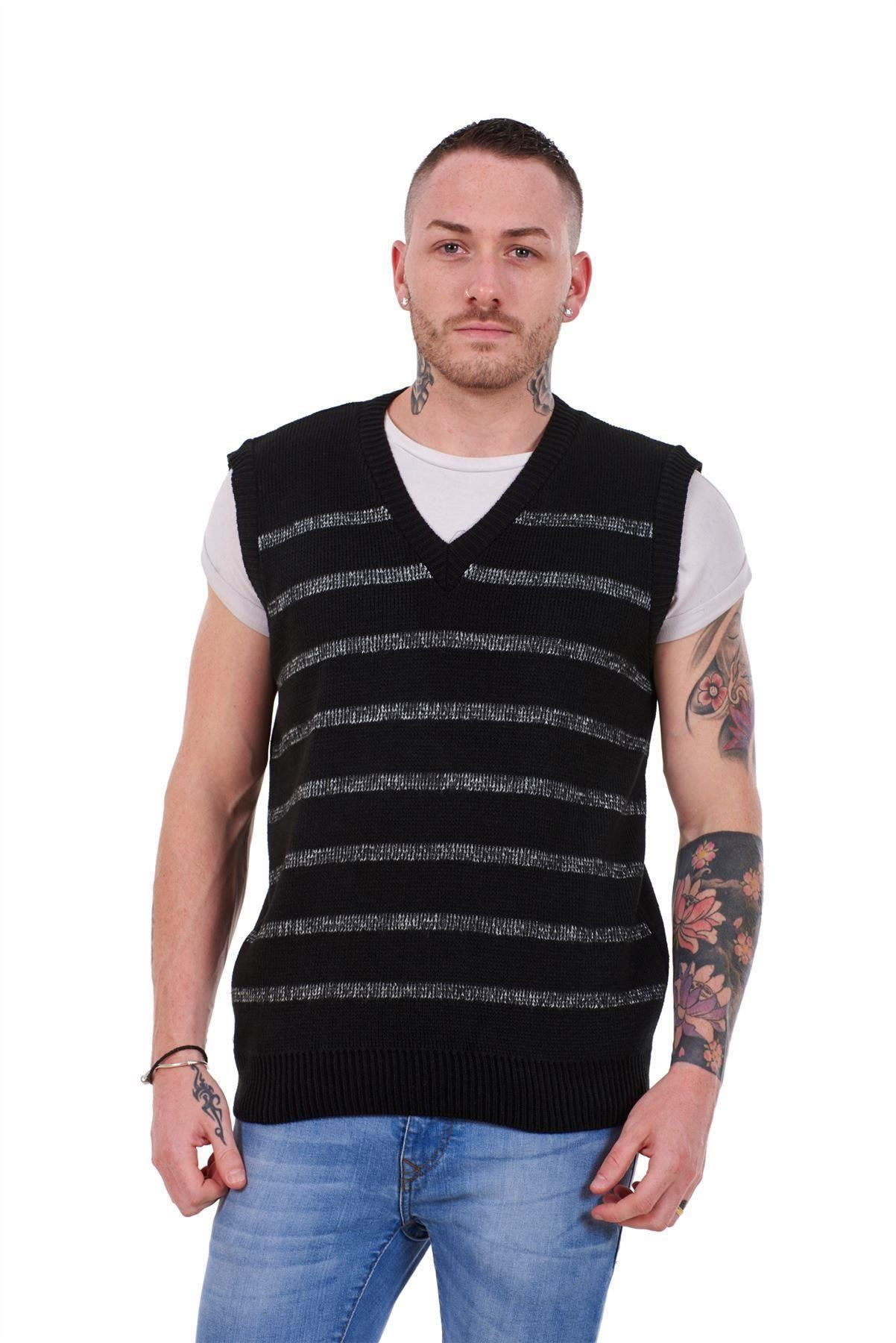 New Mens Knitted V Neck Classic Striped Tank Top Slipover Sleeveless ...