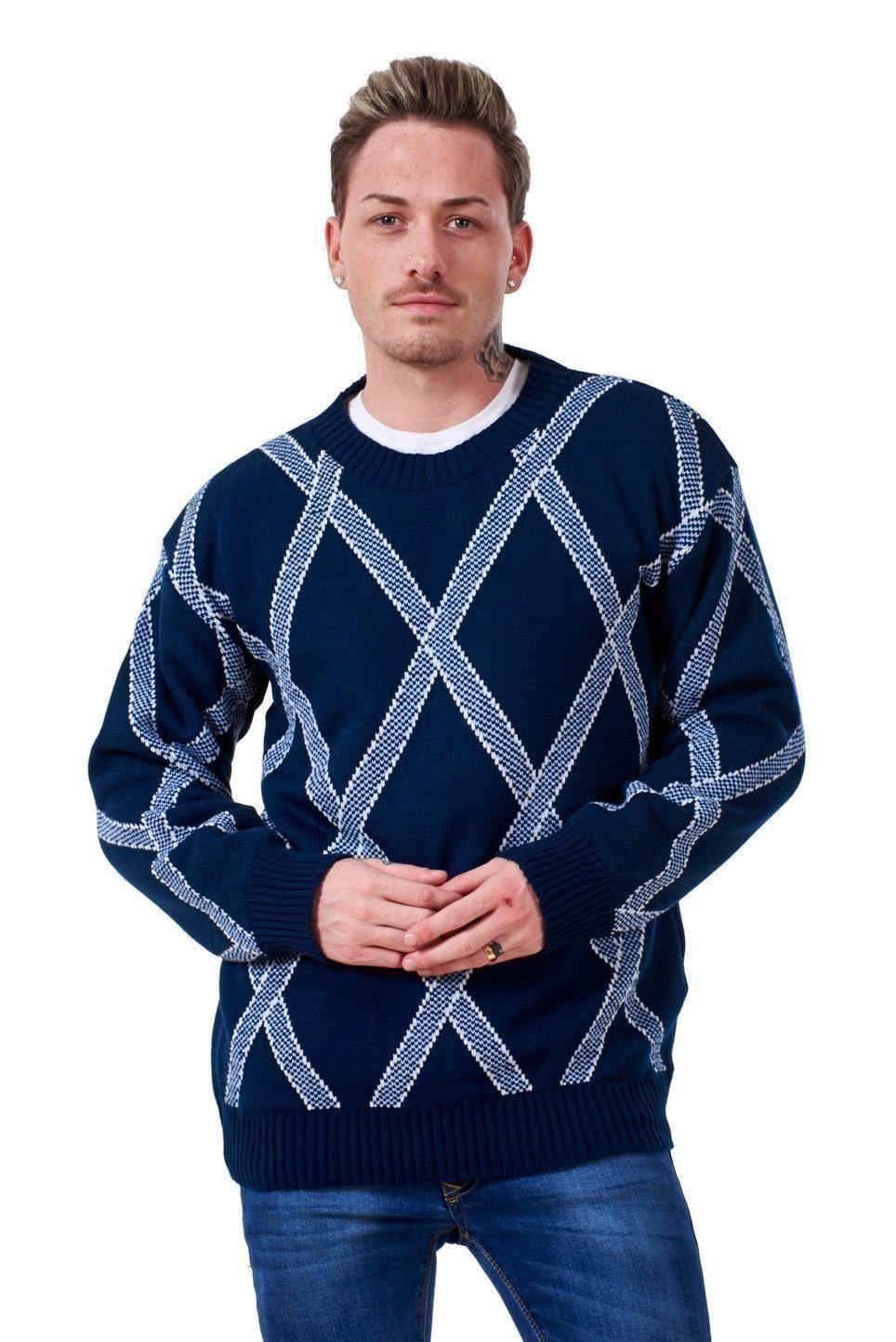 New Mens Knitted Jumper Cross Knit Pullover Casual Warm Sweater Top M