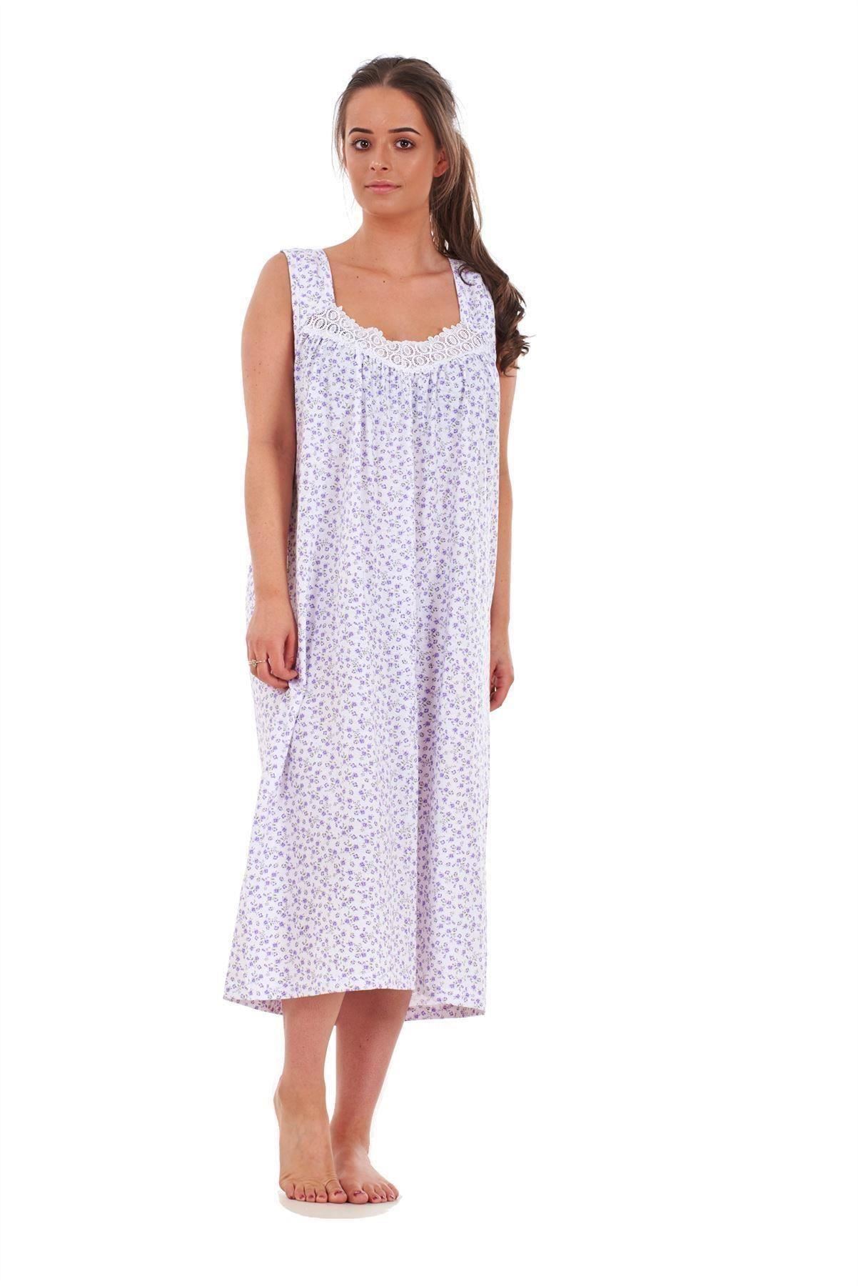 Ladies Nightwear Floral Print 100% Cotton Sleeveless Long Nightdress M to XXXL - Picture 14 of 37