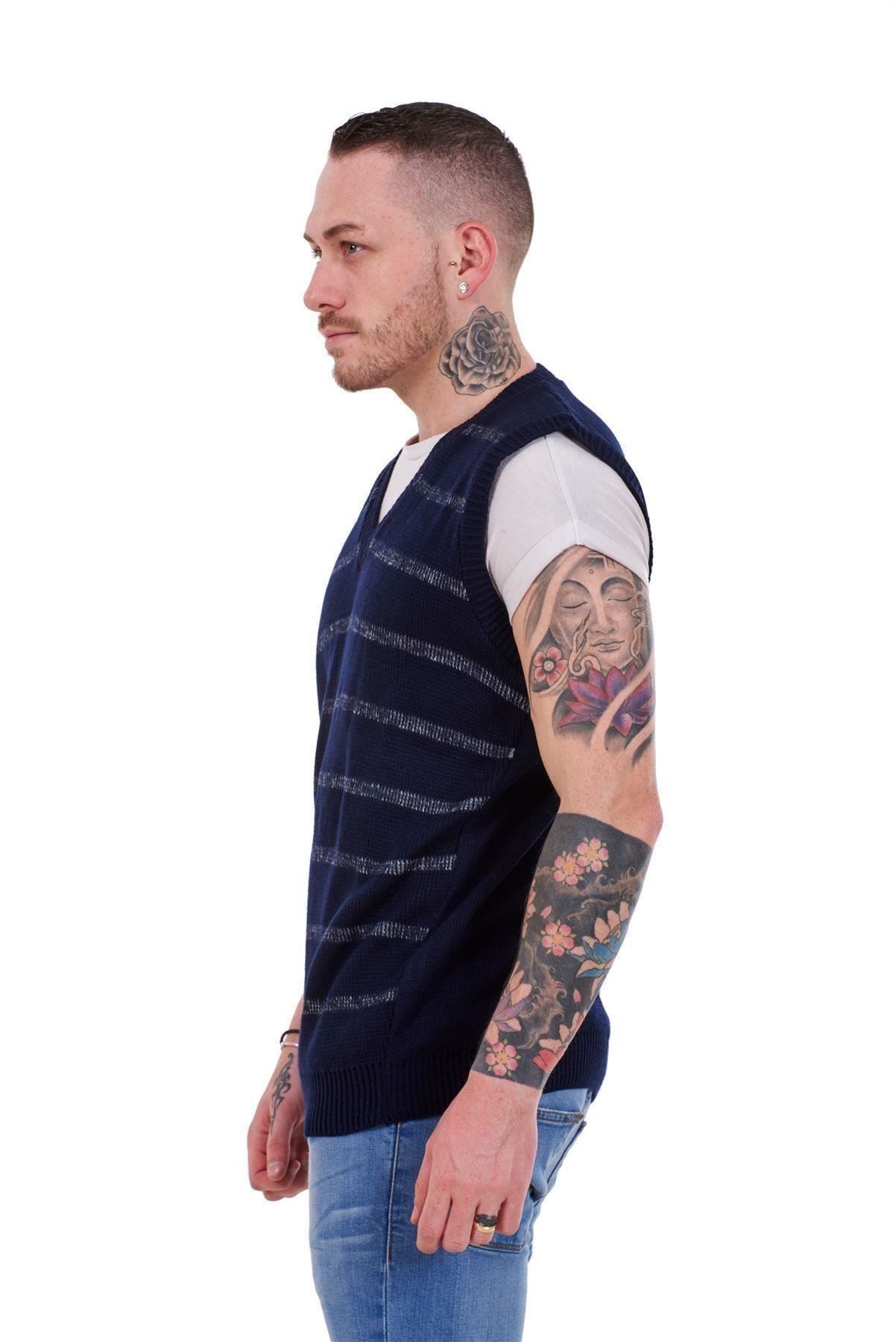 New Mens Knitted V Neck Classic Striped Tank Top Slipover Sleeveless ...