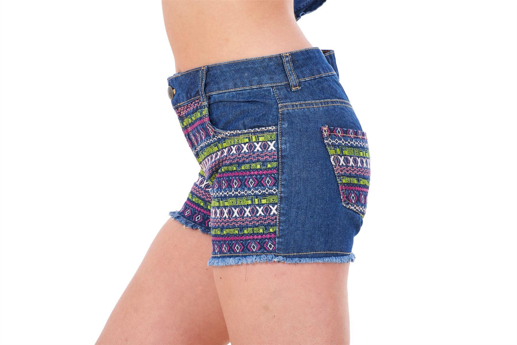 Ladies Denim shorts Embroidered 100% Cotton Zip Fly Women Summer Frayed Hotpants - Picture 6 of 6