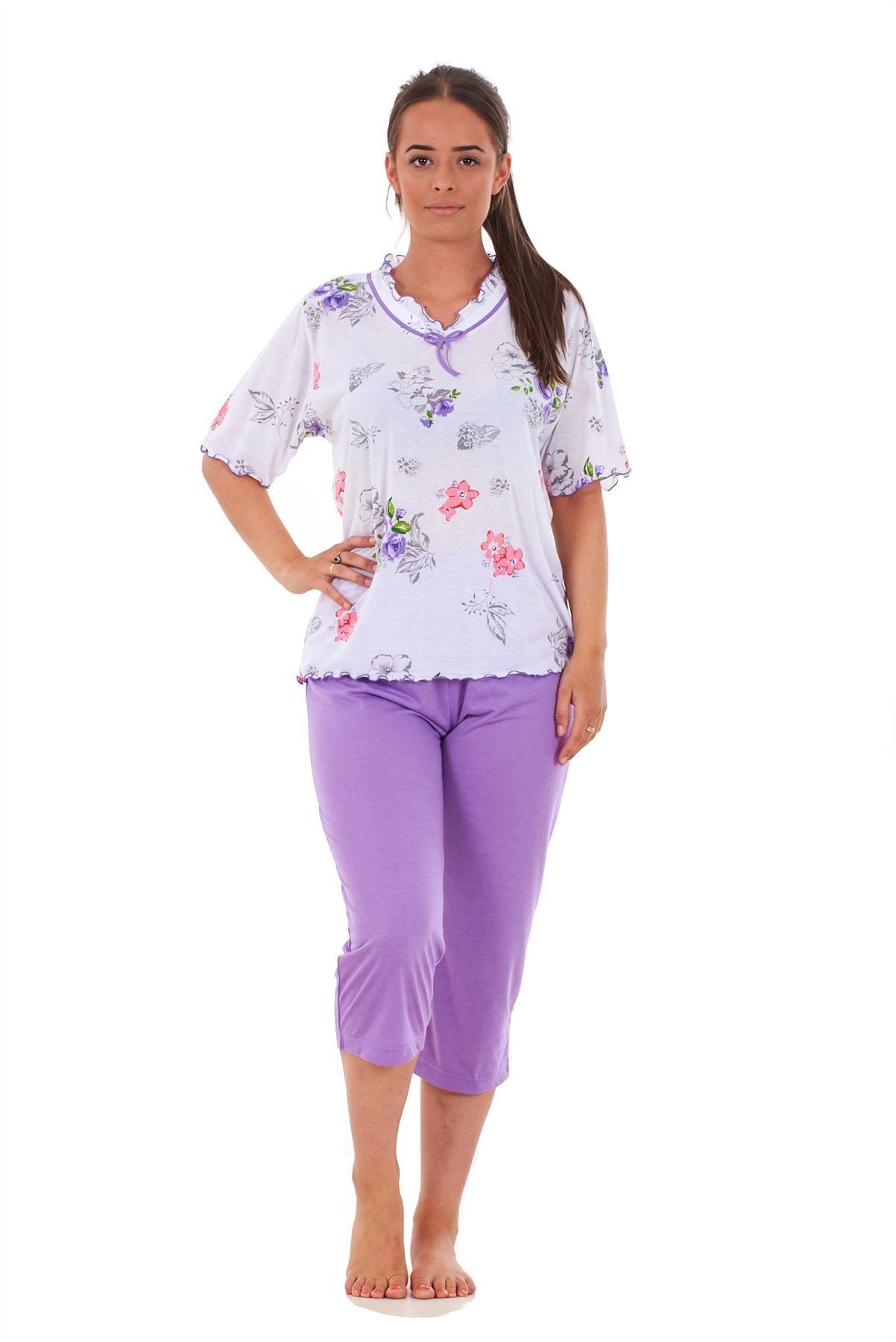 Ladies Cropped Pyjama Set 100% Cotton Floral Dot Printed V Neck Capri S to XXXL | eBay