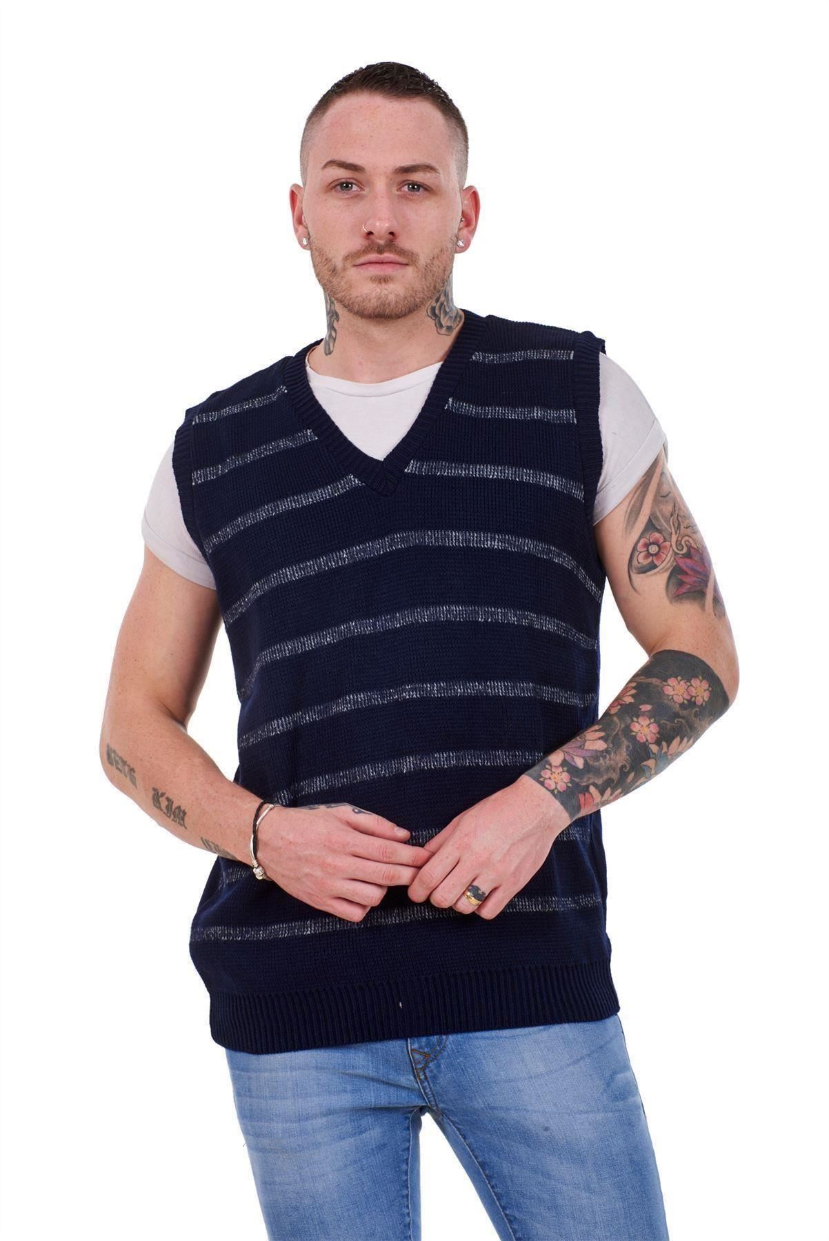 New Mens Knitted V Neck Classic Striped Tank Top Slipover Sleeveless ...