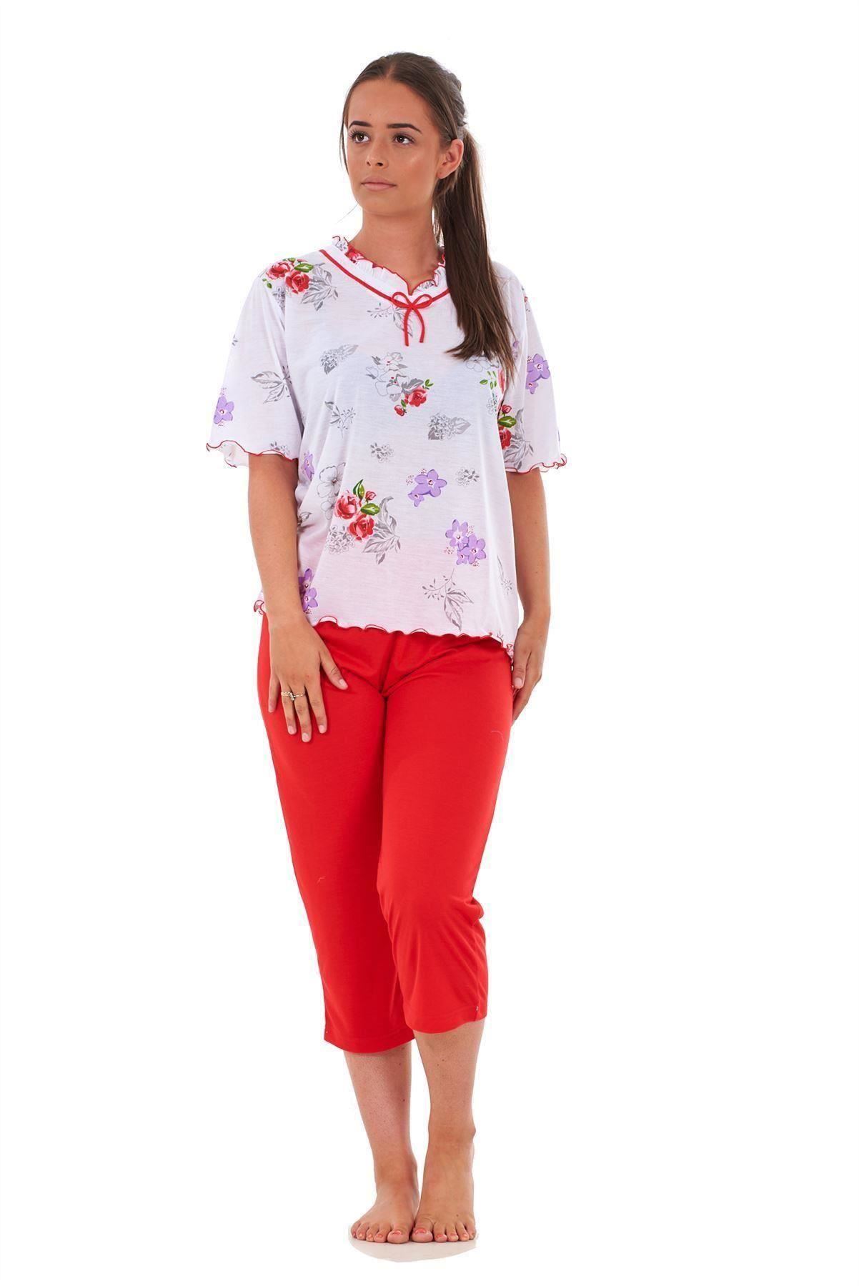 Ladies Cropped Pyjama Set 100% Cotton Floral Dot Printed V Neck Capri S to XXXL | eBay