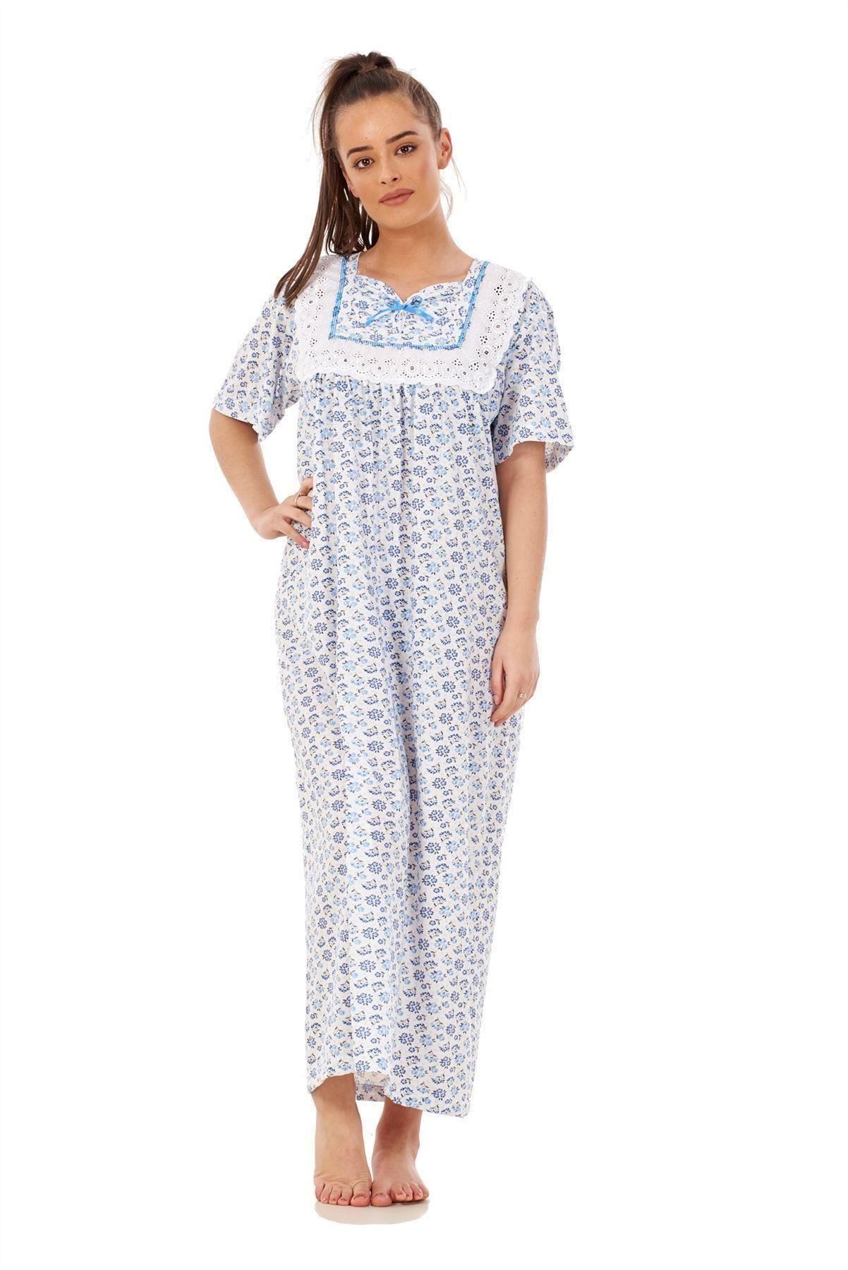 Women Nightwear Floral Print 100% Cotton Short Sleeve Long Nightdress M to XXXL
