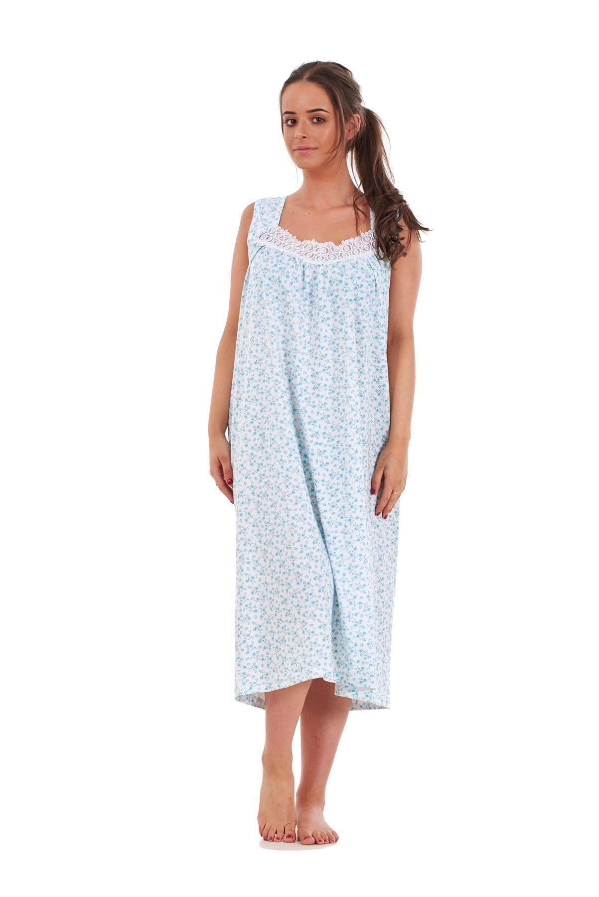 Ladies Nightwear Floral Print 100% Cotton Sleeveless Long Nightdress M to XXXL - Picture 22 of 37
