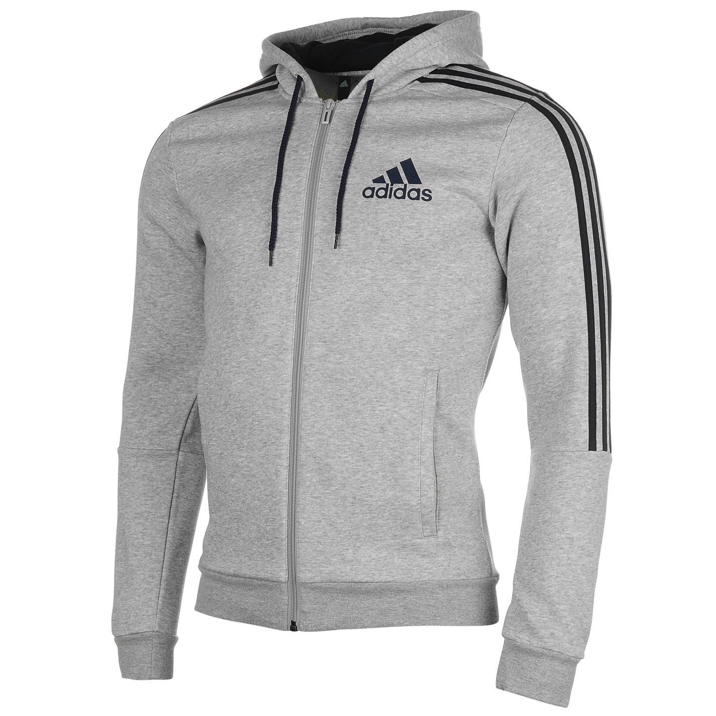adidas Mens 3 Stripe Hoody Full Zip Hoodie Long Sleeve Hooded Warm