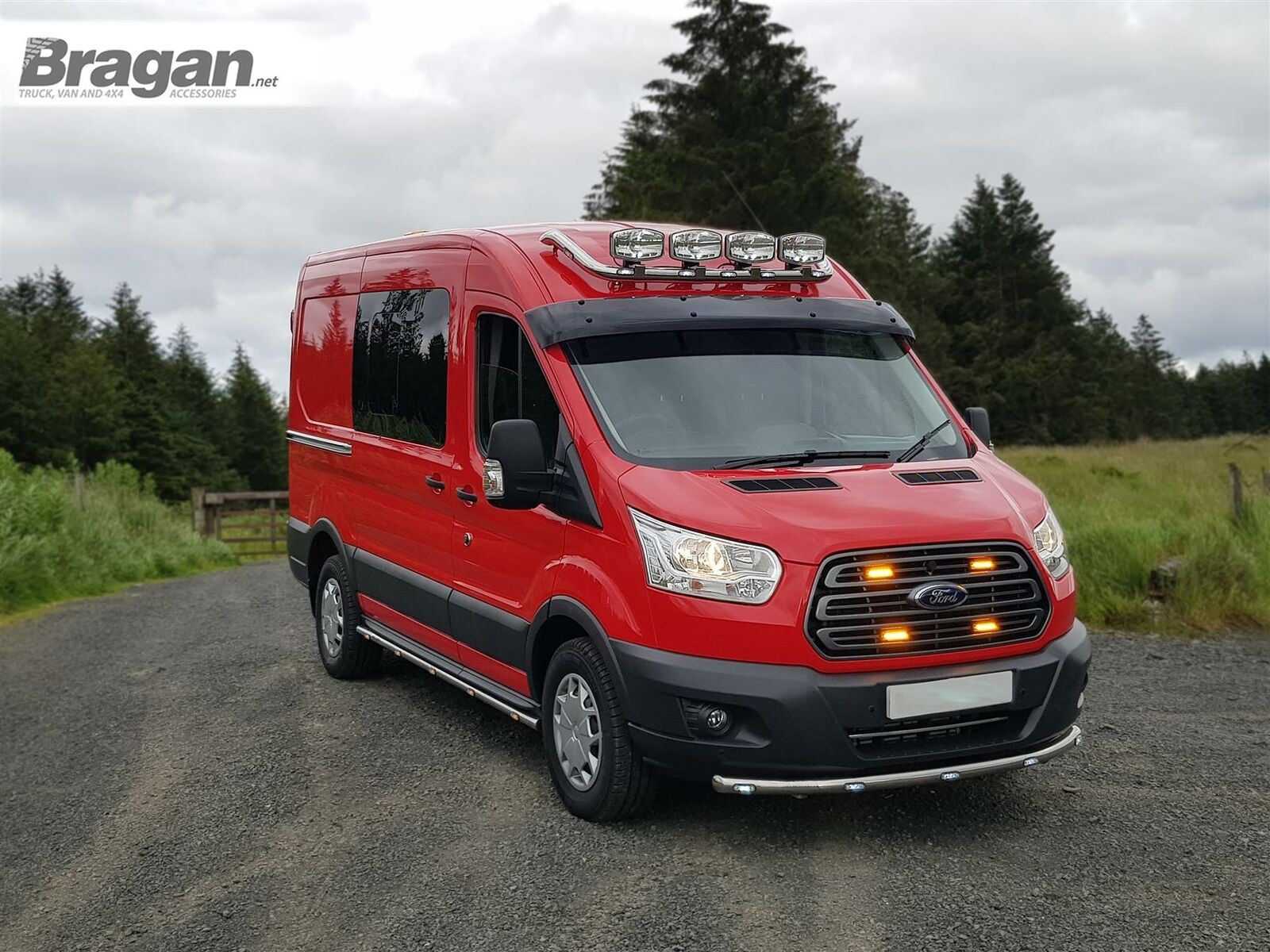 To Fit 2014+ Ford Transit MK8 Roof Bar + Jumbo Spot x4 + LEDs x7