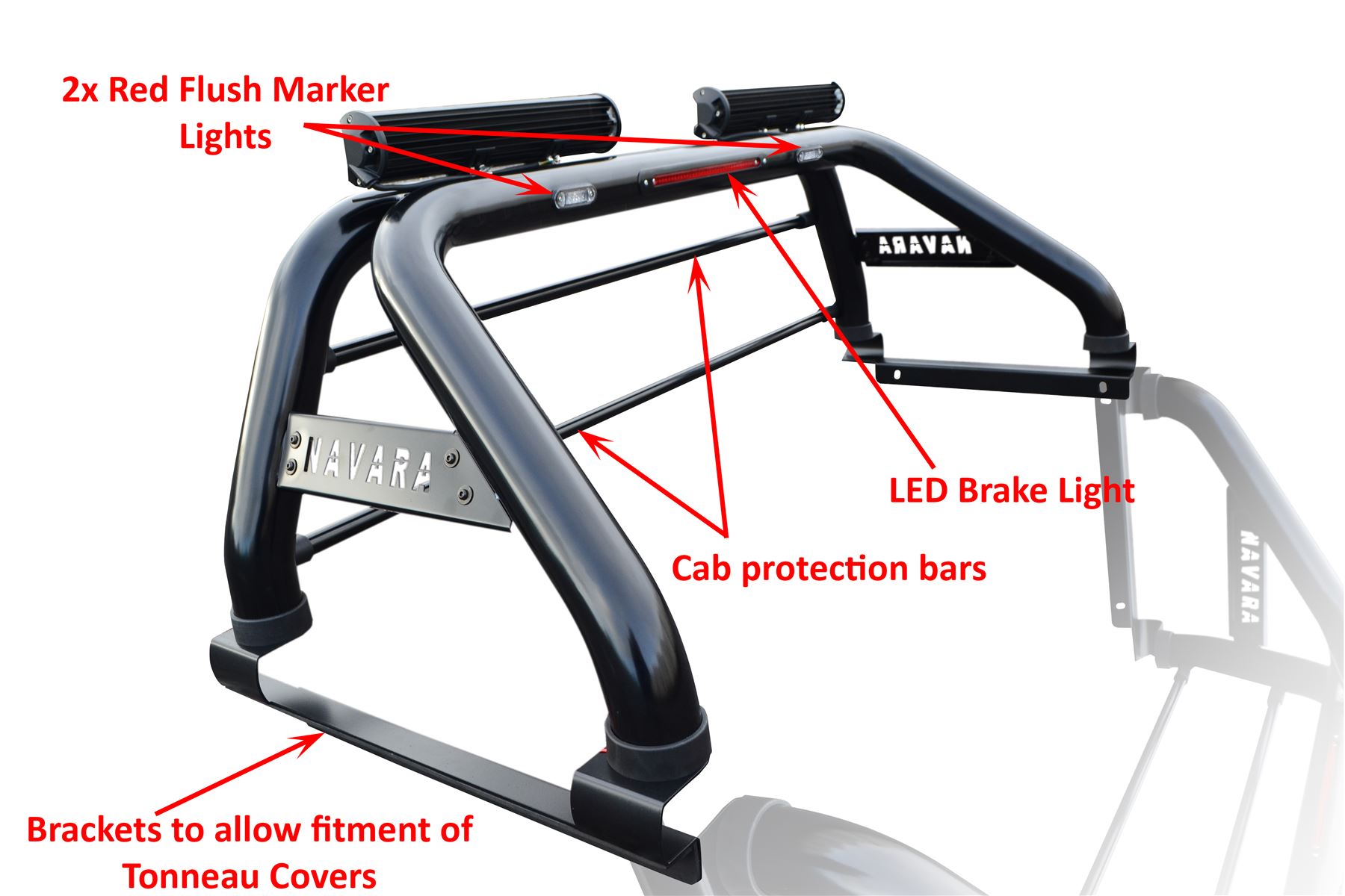 To Fit 05 16 Nissan Navara D40 Roll Bar + LEDs x2 + LED Brake Light