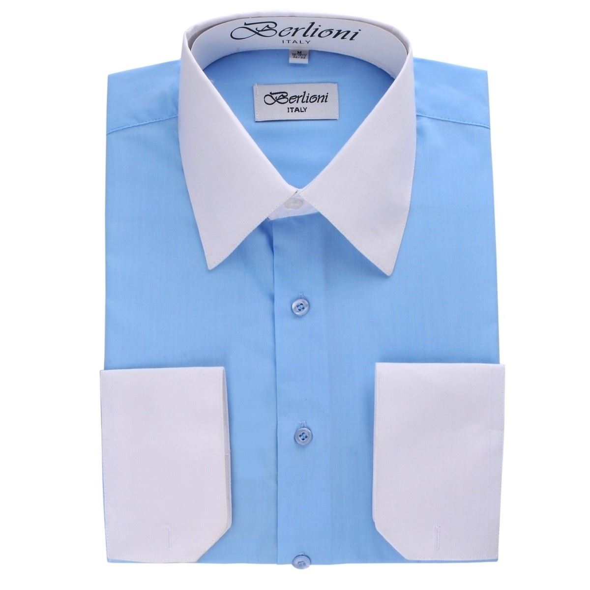 BERLIONI MENS ITALY DRESS SHIRT TWO-TONE LONG SLEEVE SHIRT FRENCH CUFF ALL SIZES - Picture 9 of 19