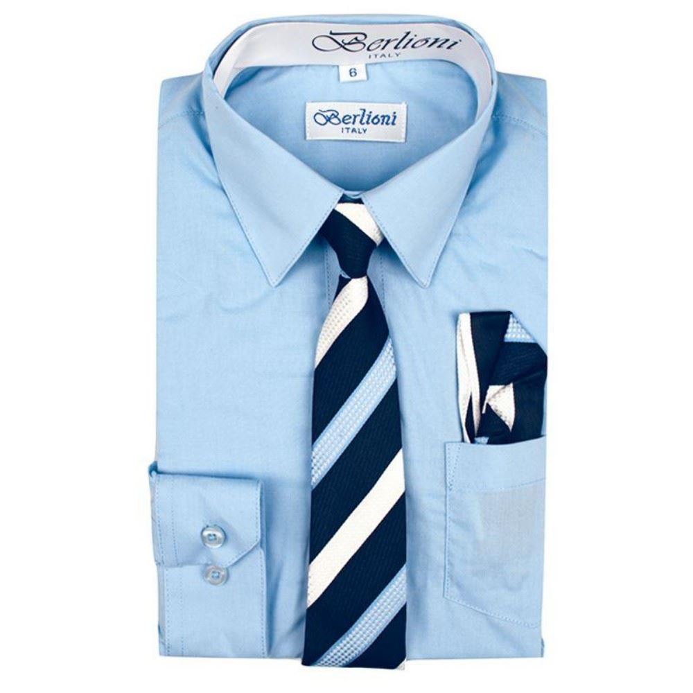 Berlioni Kids Boys Long Sleeve Dress Shirt With Tie and Hanky Blue