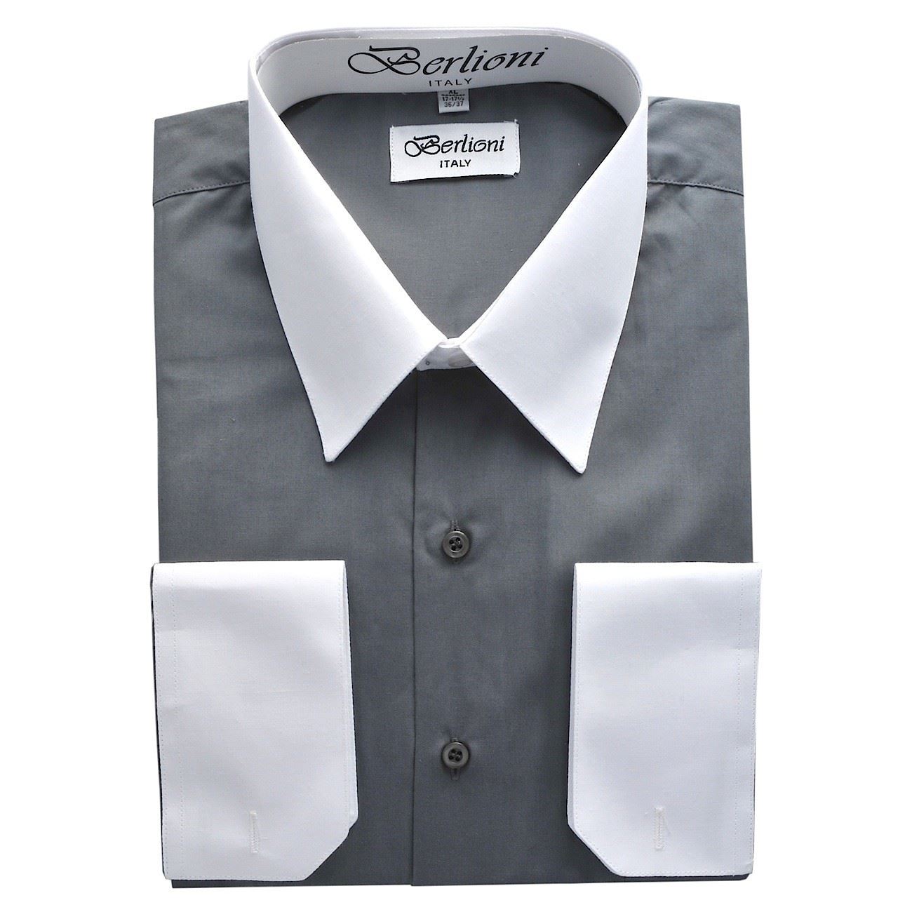 Berlioni Italy Men/'s Italian French Convertible Cuff Two Tone Dress Shirt Black