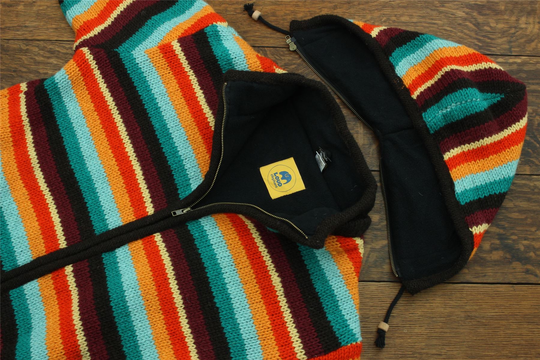 Hand Knitted Wool Hooded Jacket Cardigan Hoodie Nepal Warm Lined Boho Zip - Picture 40 of 100