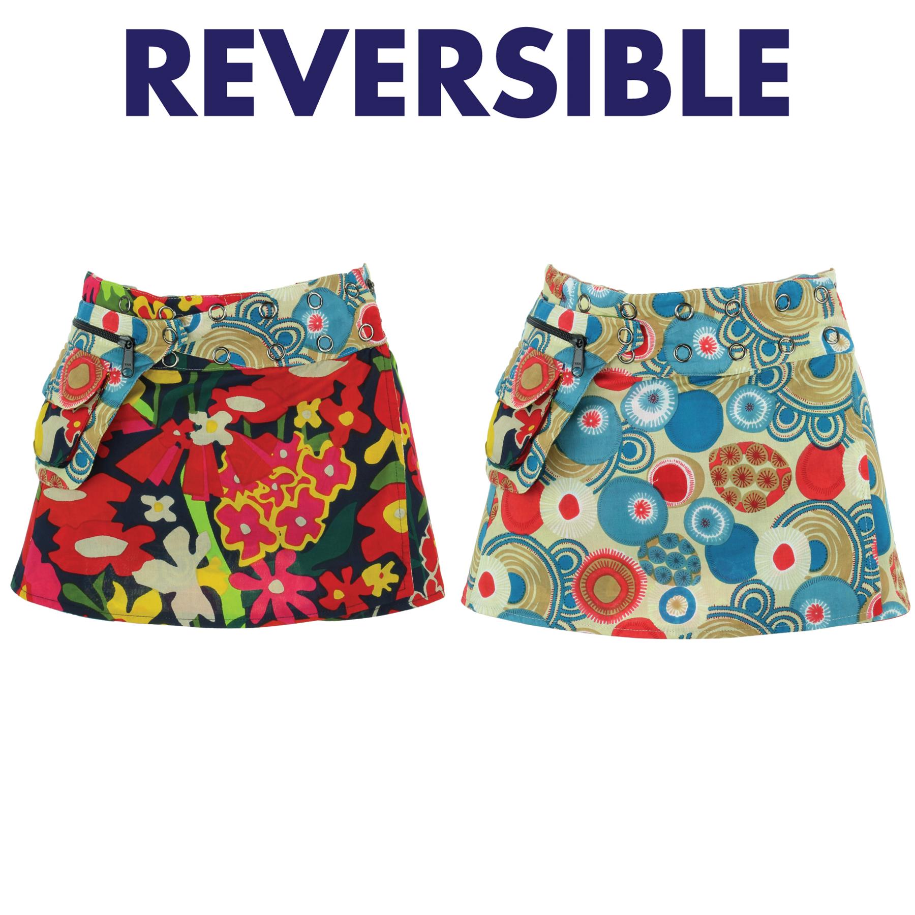 Hippie Bohemian Short Popper Childrens Skirt Boho Pocket Wrap Reversible Stud - Picture 7 of 56