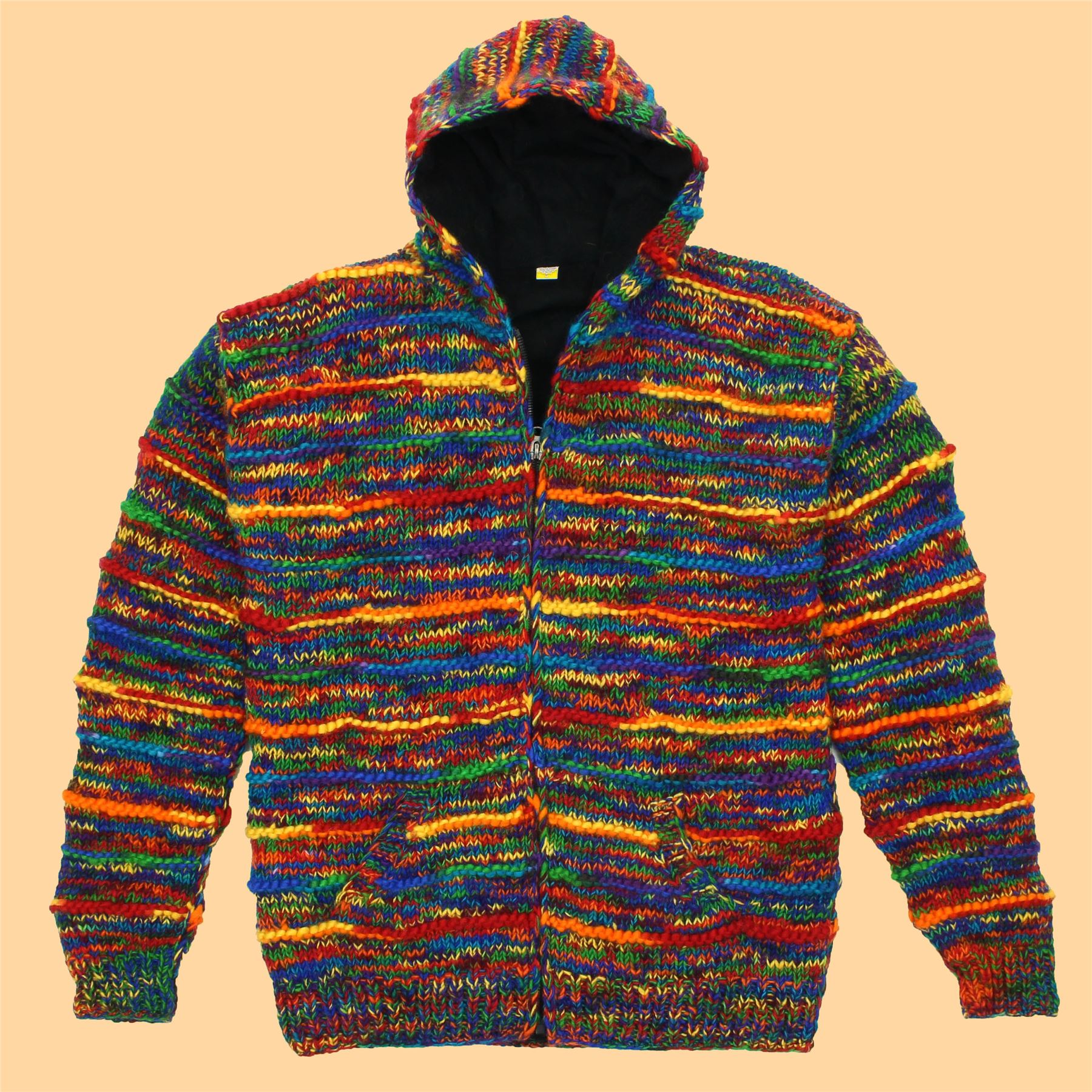 Hand Knitted Wool Hooded Jacket Cardigan Hoody Hoodie Nepal Warm Lined Ethnic - Picture 55 of 71