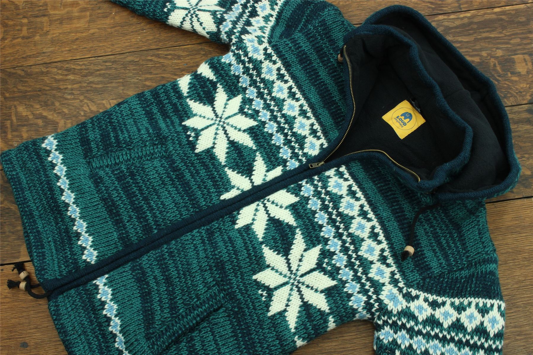 Hand Knitted Wool Hooded Jacket Cardigan Hoodie Nepal Warm Lined Boho Zip - Picture 21 of 100
