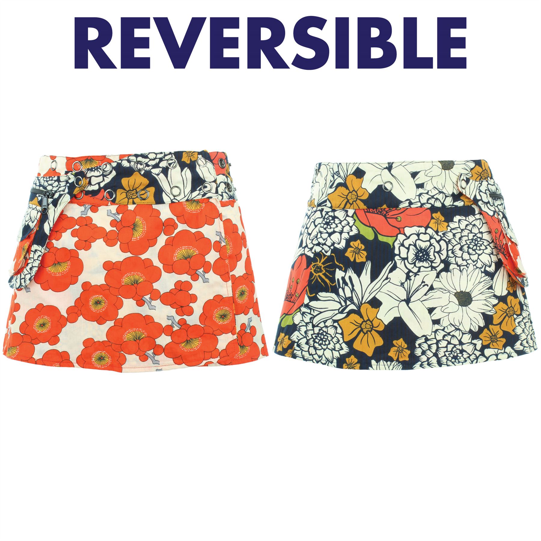 Hippie Bohemian Short Popper Childrens Skirt Boho Pocket Wrap Reversible Stud - Picture 29 of 56