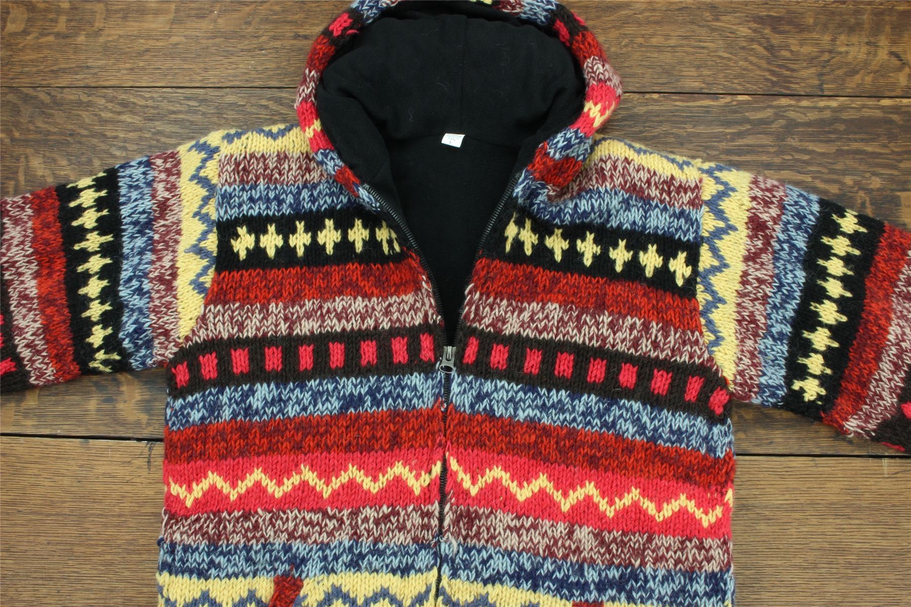 Hand Knitted Wool Hooded Jacket Cardigan Hoody Hoodie Nepal Warm Lined Ethnic - Picture 33 of 71