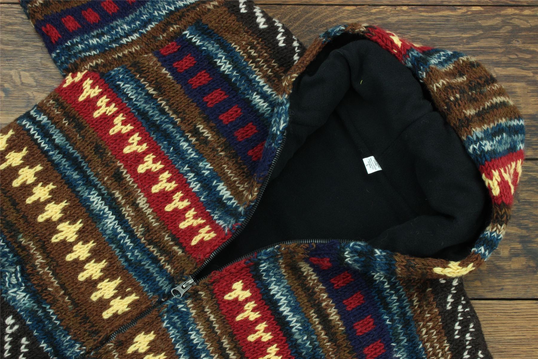 Hand Knitted Wool Hooded Jacket Cardigan Hoody Hoodie Nepal Warm Lined Ethnic - Picture 20 of 71