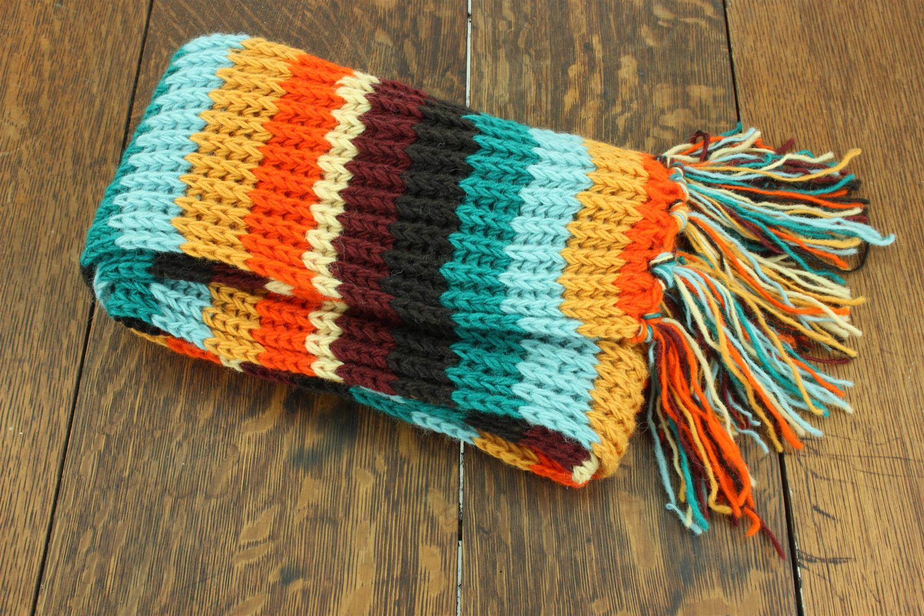 Hand Knitted Wool Scarf Woolly Warm Winter Cosy Stripe Space Dye Rainbow Pattern - Picture 88 of 97