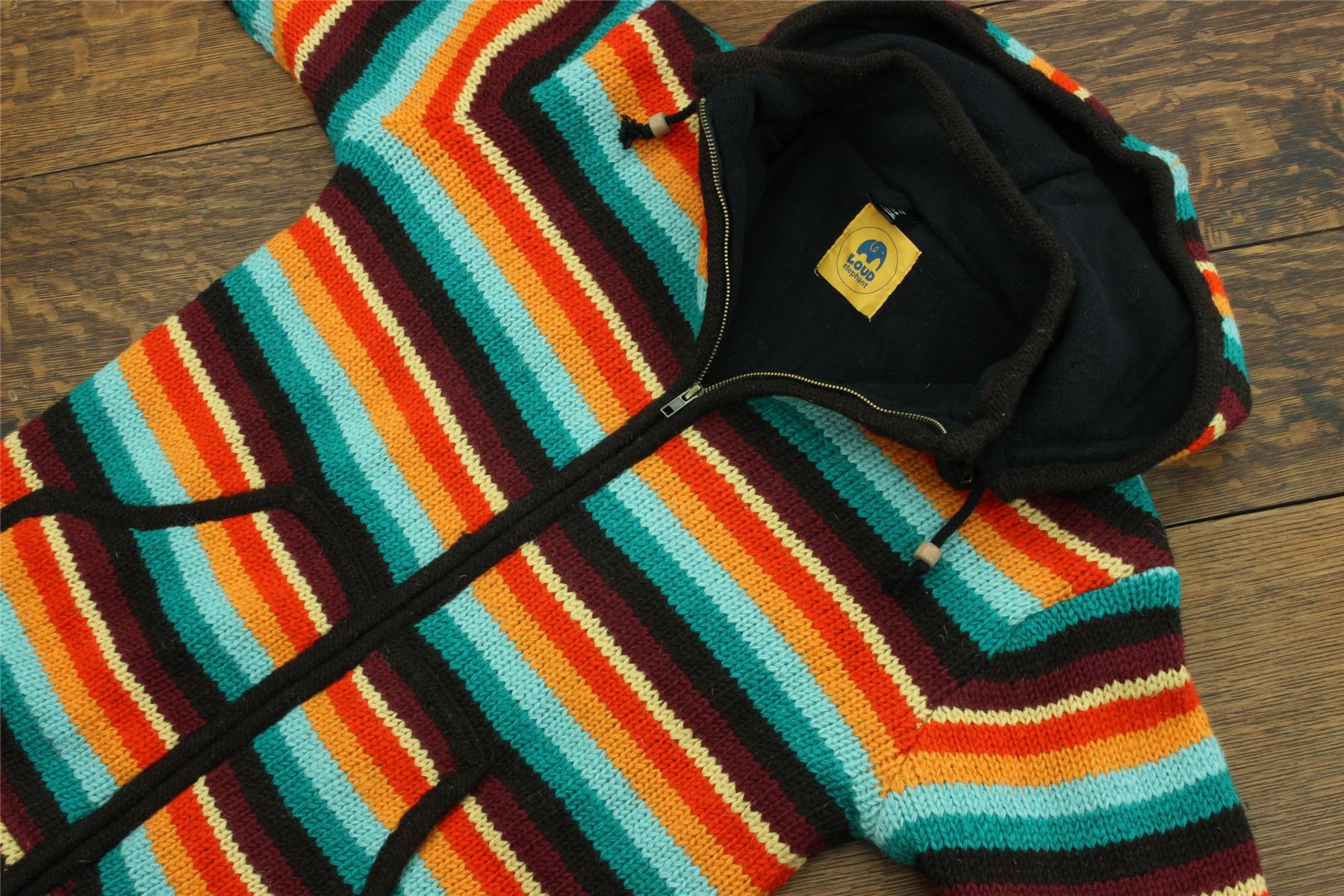 Handgestrickte Wolle Kapuzenjacke Cardigan Hoodie Nepal warm gefüttert Hippie Reißverschluss - Bild 75 von 102
