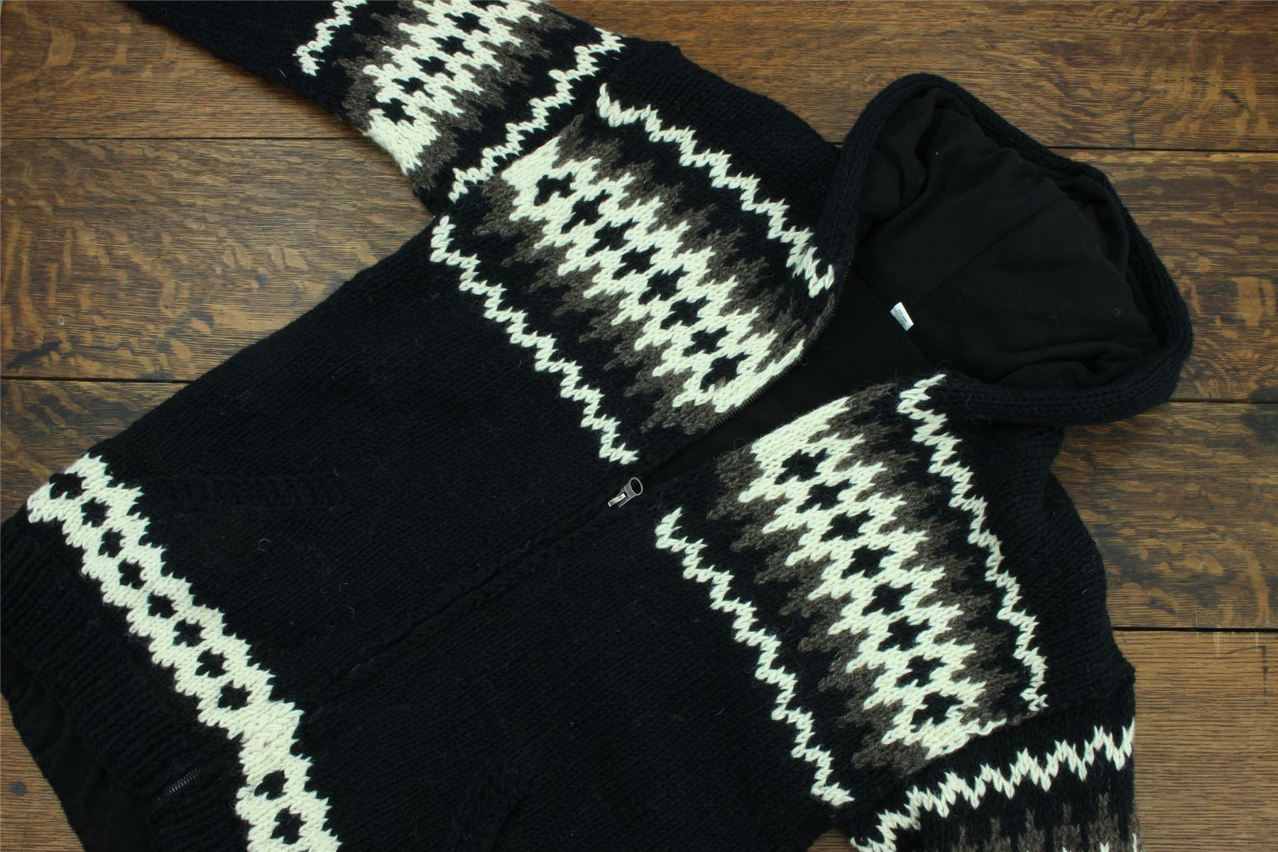 Hand Knitted Wool Hooded Jacket Cardigan Hoody Hoodie Nepal Warm Lined Ethnic - Picture 40 of 71