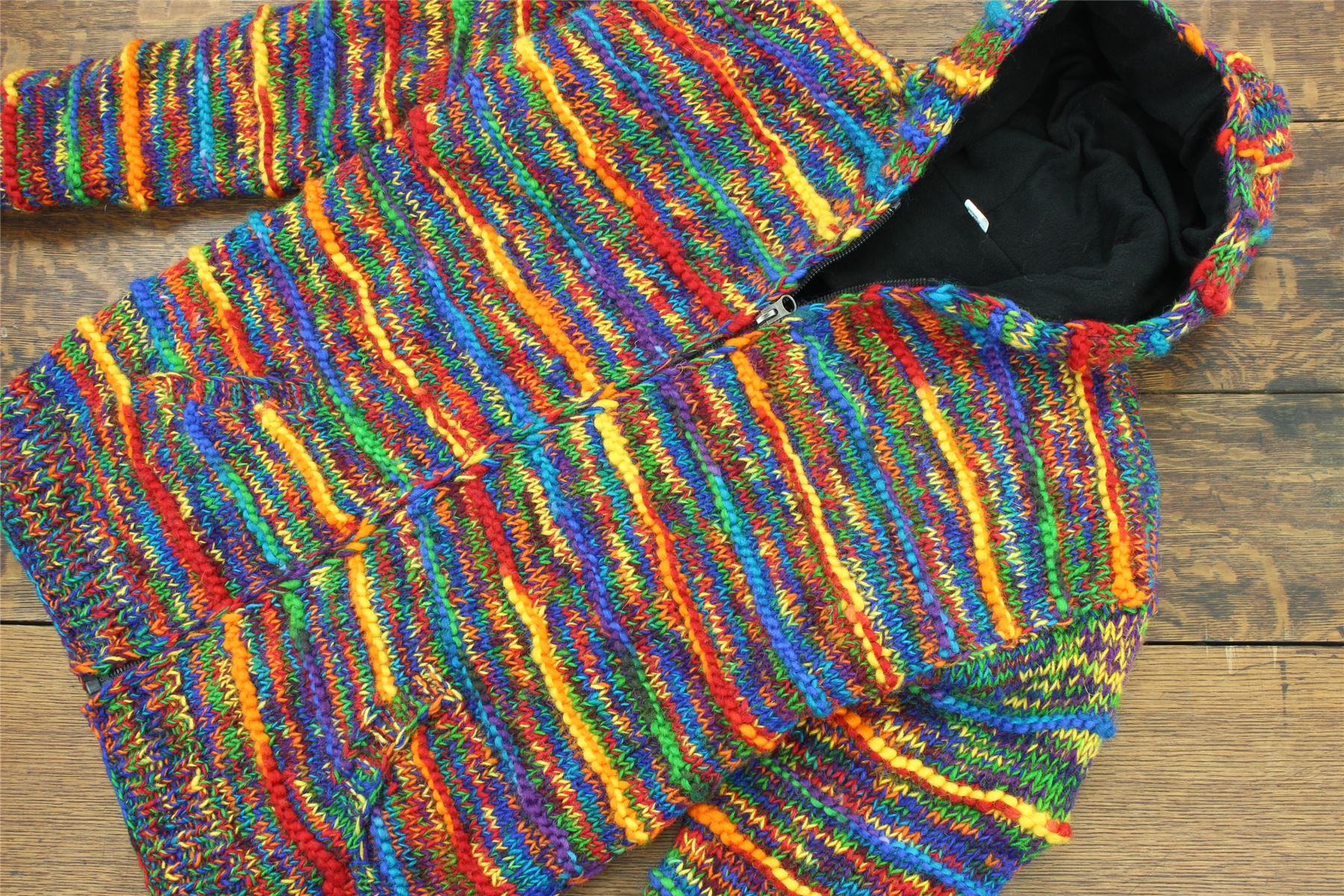 Hand Knitted Wool Hooded Jacket Cardigan Hoody Hoodie Nepal Warm Lined Ethnic - Picture 58 of 71