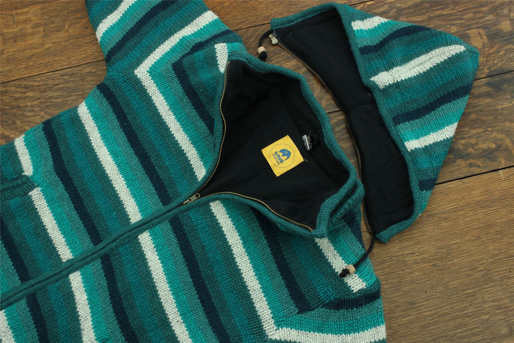 Hand Knitted Wool Hooded Jacket Cardigan Hoodie Nepal Warm Lined Boho Zip - Picture 55 of 100