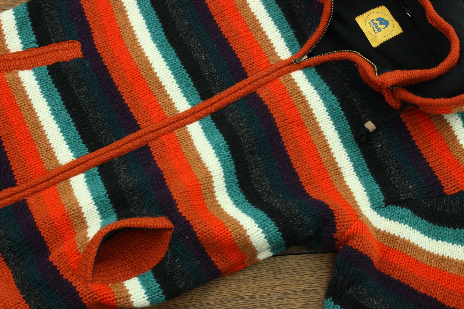 Hand Knitted Wool Hooded Jacket Cardigan Hoodie Nepal Warm Lined Boho Zip - Picture 12 of 100