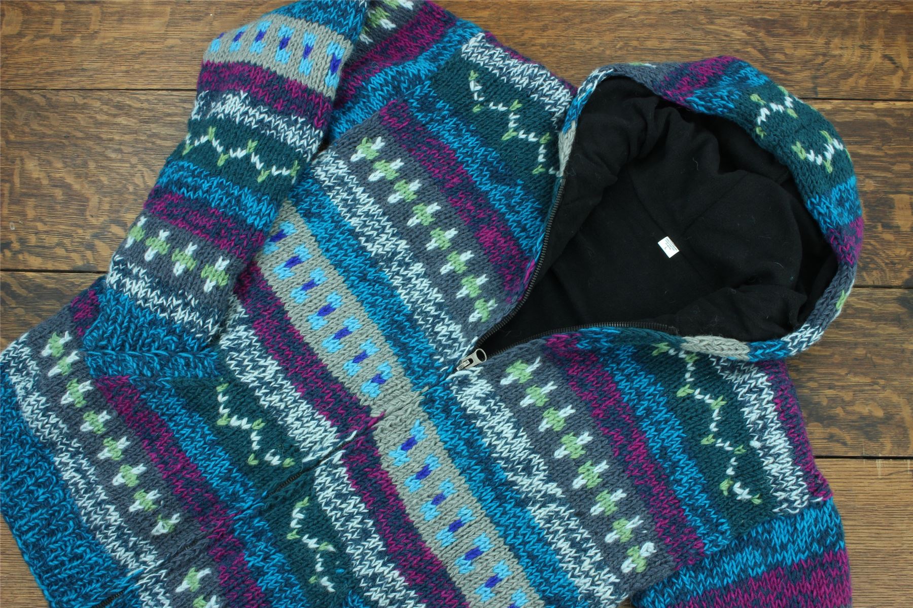 Hand Knitted Wool Hooded Jacket Cardigan Hoody Hoodie Nepal Warm Lined Ethnic - Picture 5 of 71