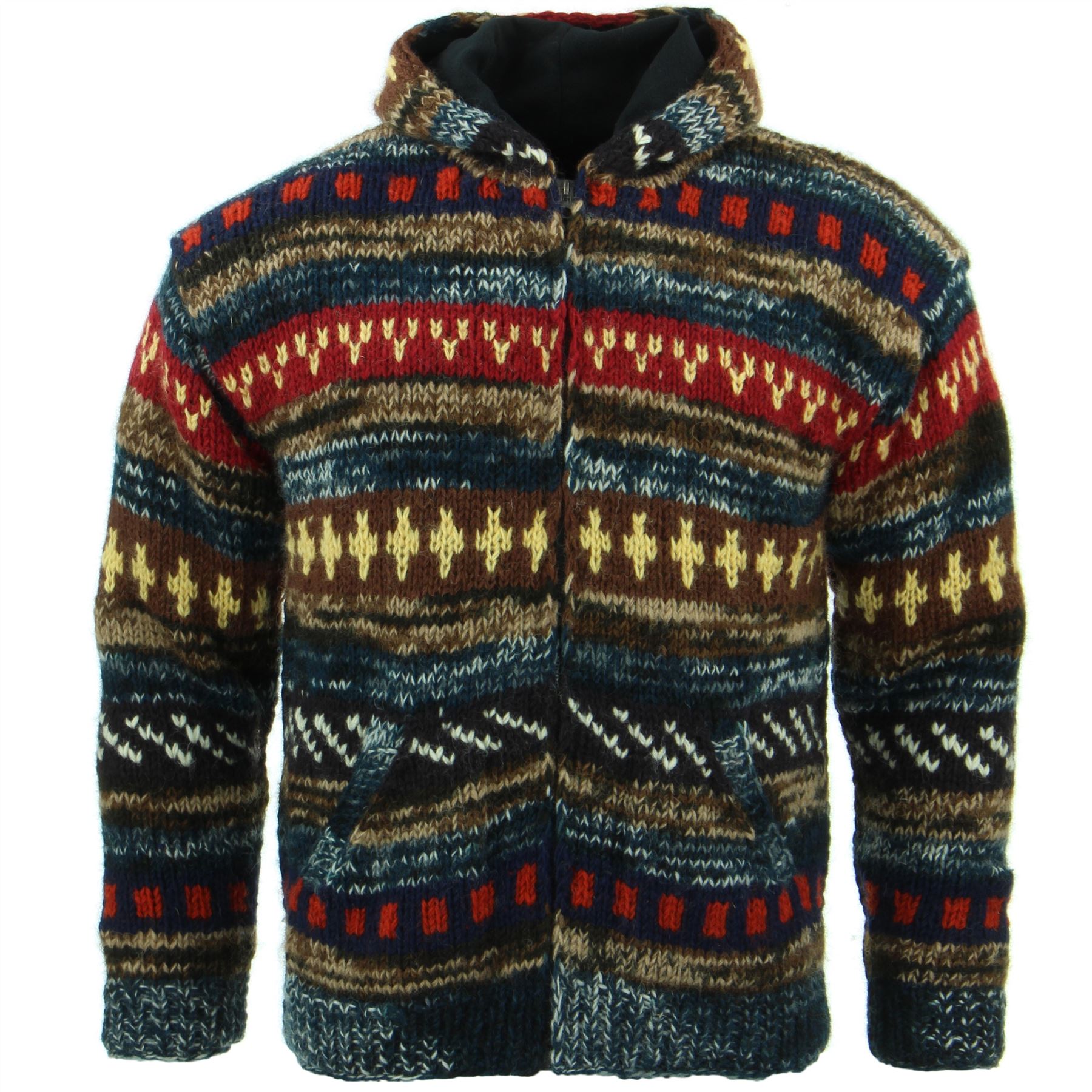 Hand Knitted Wool Hooded Jacket Cardigan Hoody Hoodie Nepal Warm Lined Ethnic - Picture 17 of 71