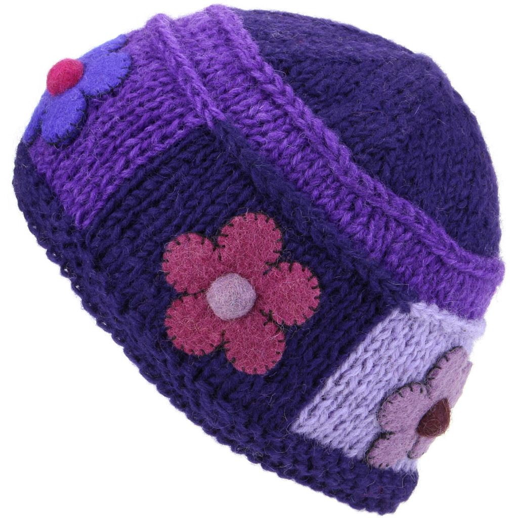 Wool Knit Beanie Hat Ladies Women Warm Winter Knitted Flower Patch Lined - Picture 11 of 13