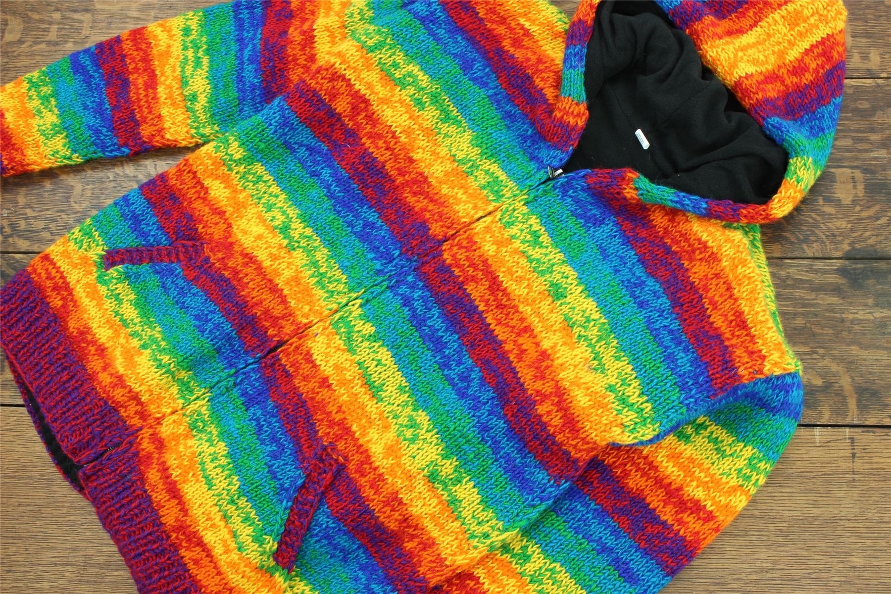 Hand Knitted Wool Hooded Jacket Cardigan Hoody Hoodie Nepal Warm Lined Ethnic - Picture 64 of 71