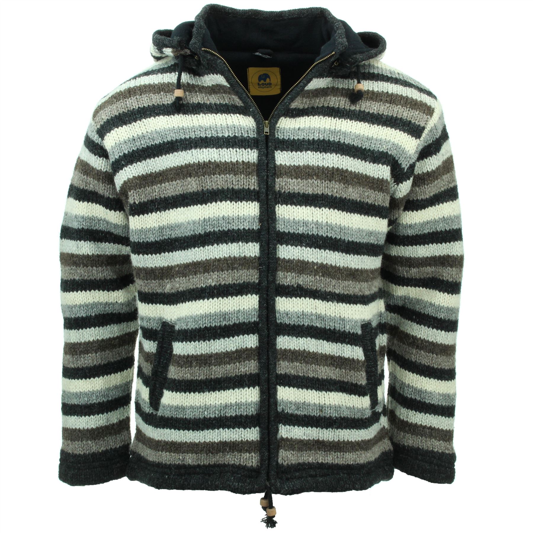 Hand Knitted Wool Hooded Jacket Cardigan Hoodie Nepal Warm Lined Boho Zip - Picture 25 of 100