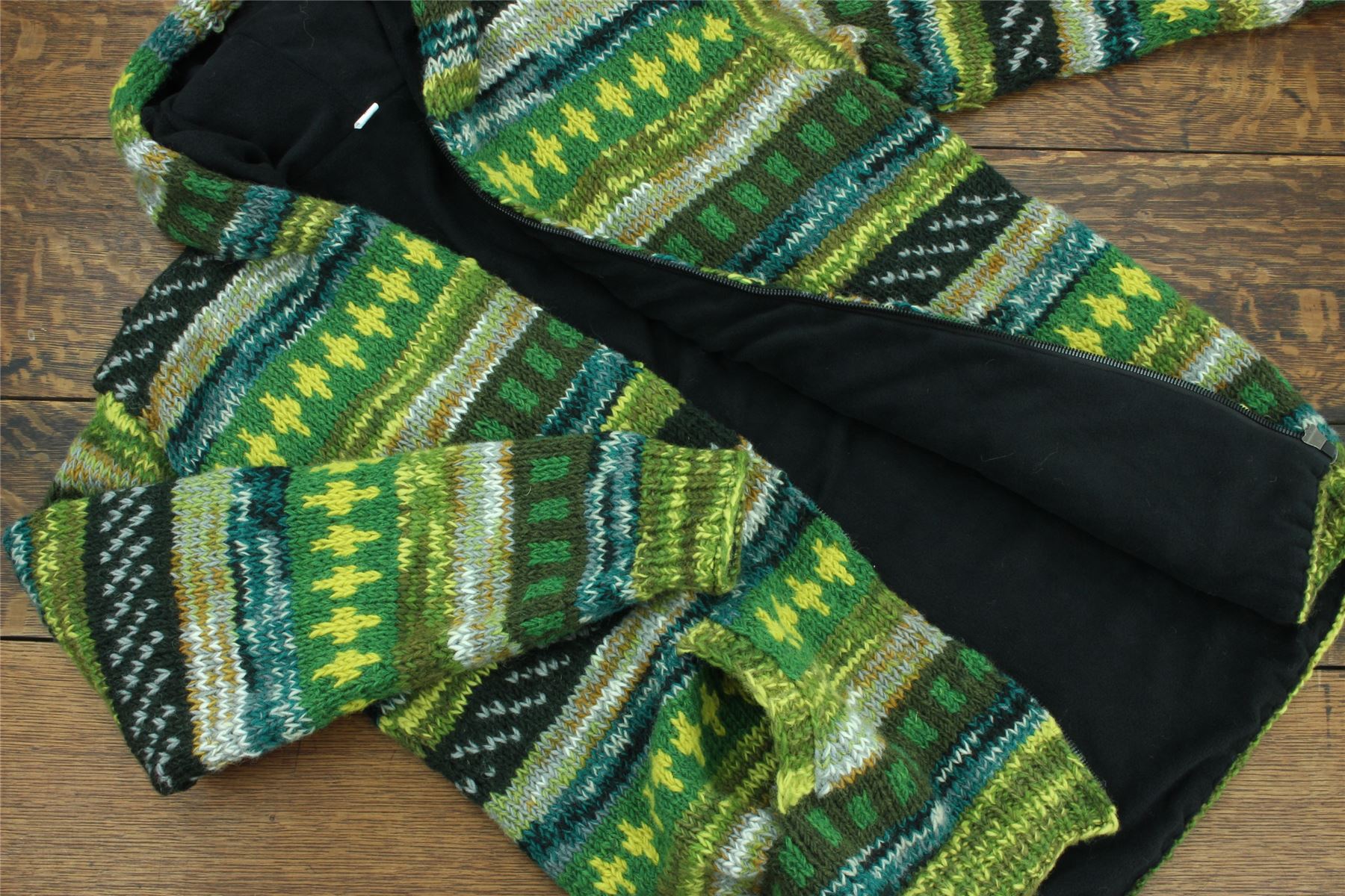 Hand Knitted Wool Hooded Jacket Cardigan Hoody Hoodie Nepal Warm Lined Ethnic - Picture 14 of 71