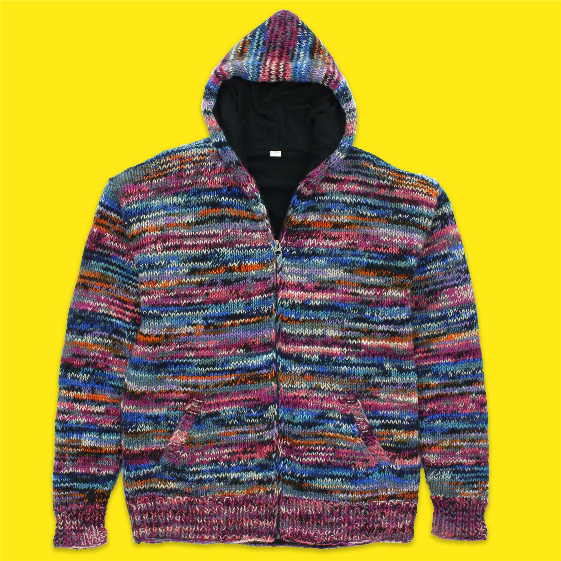 Hand Knitted Wool Hooded Jacket Cardigan Hoody Hoodie Nepal Warm Lined Ethnic - Picture 53 of 71